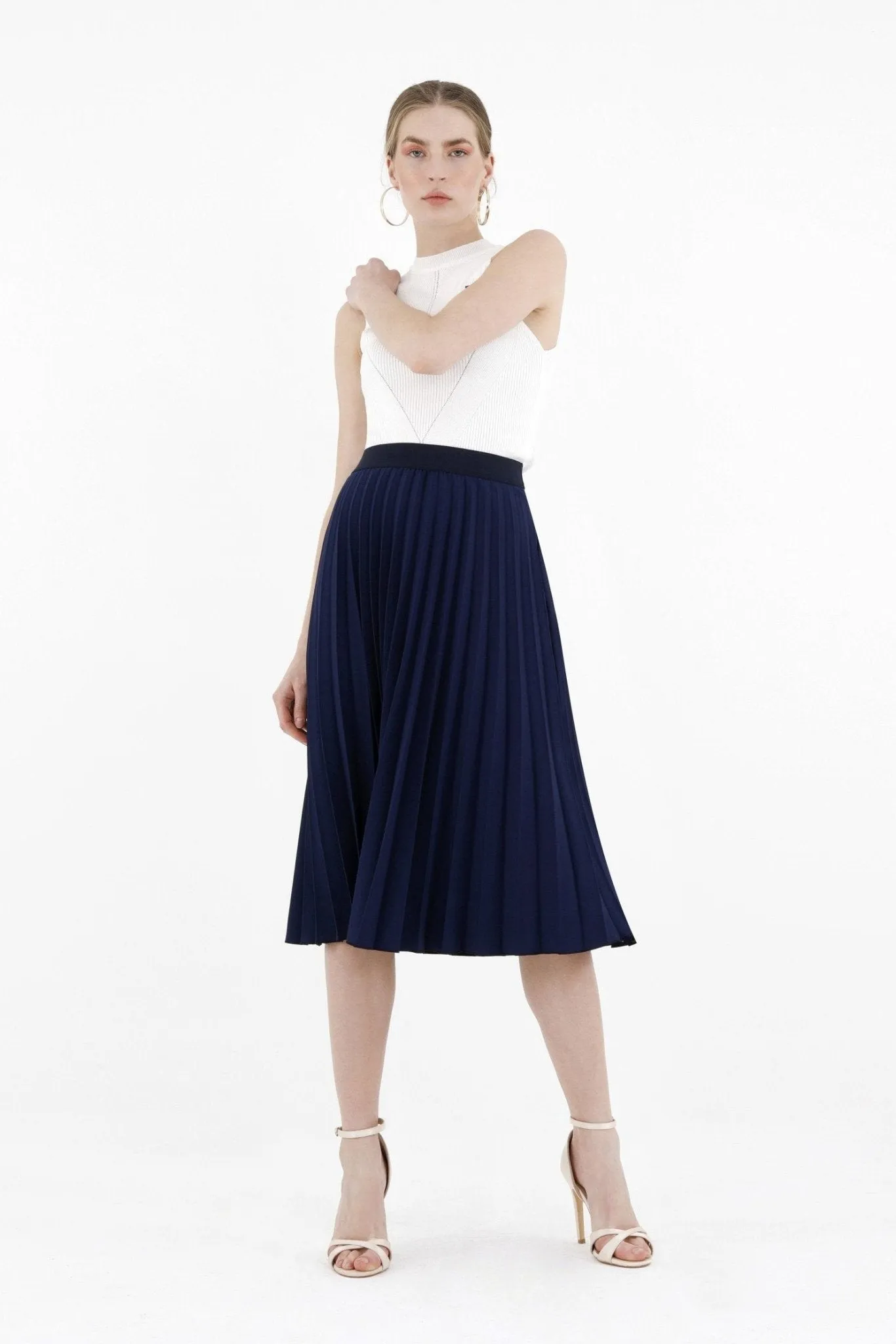 Pleated Skirt High Waist Elastic Waist Band Midi Skirt