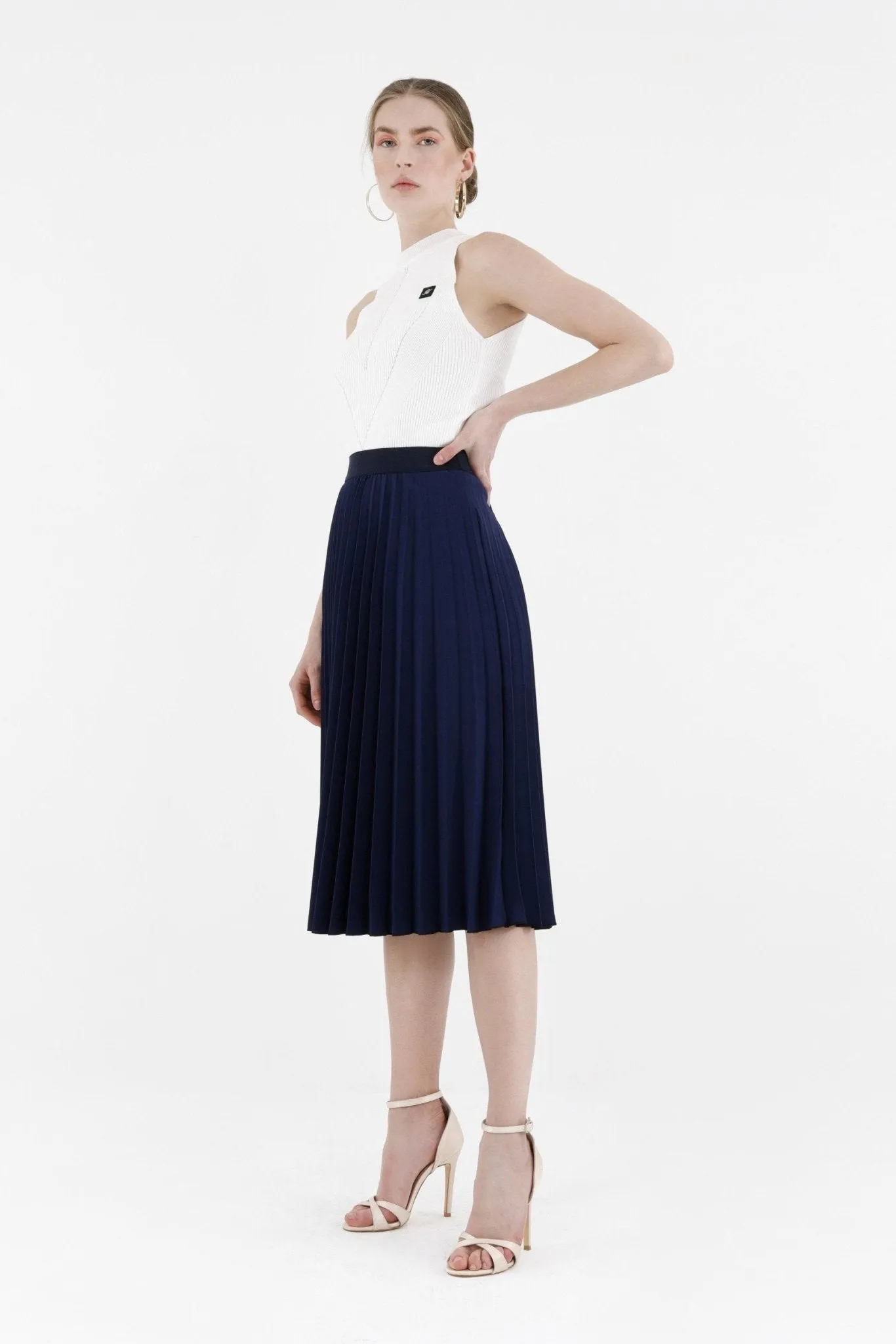 Pleated Skirt High Waist Elastic Waist Band Midi Skirt