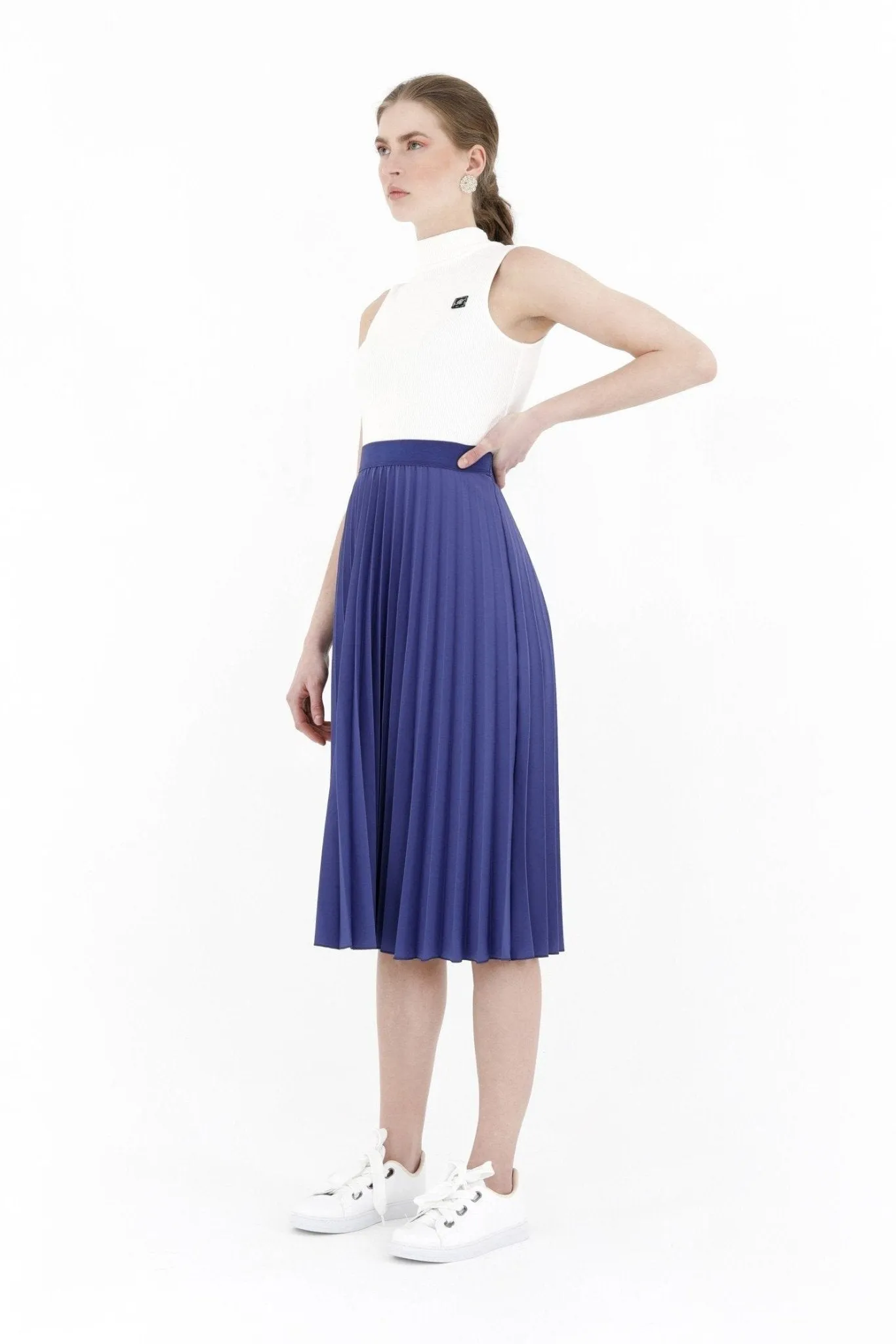 Pleated Skirt High Waist Elastic Waist Band Midi Skirt