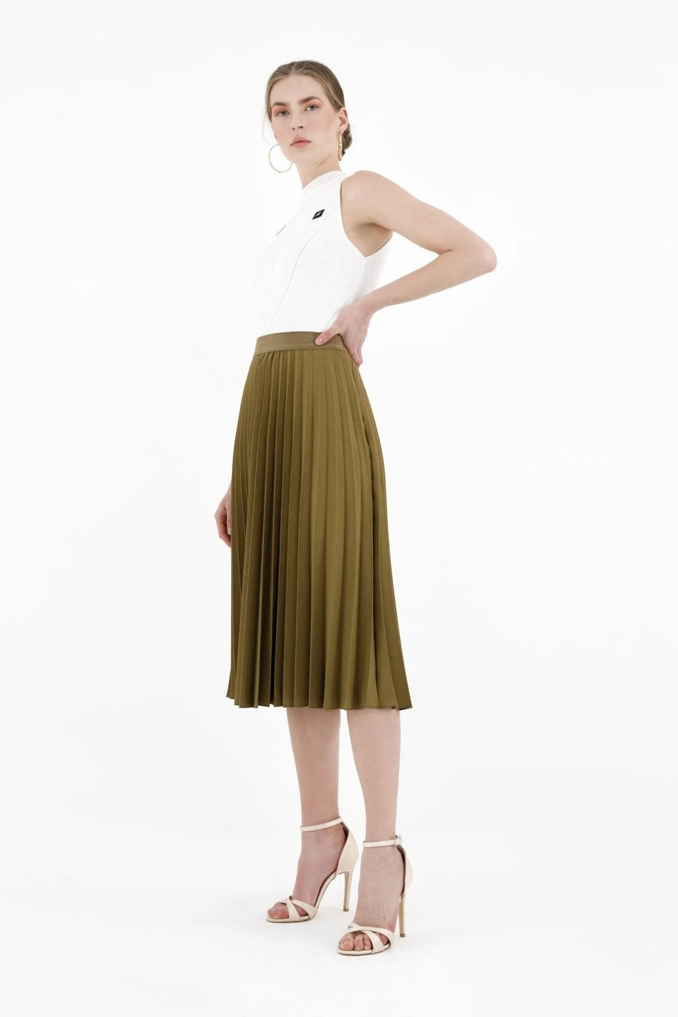 Pleated Skirt High Waist Elastic Waist Band Midi Skirt