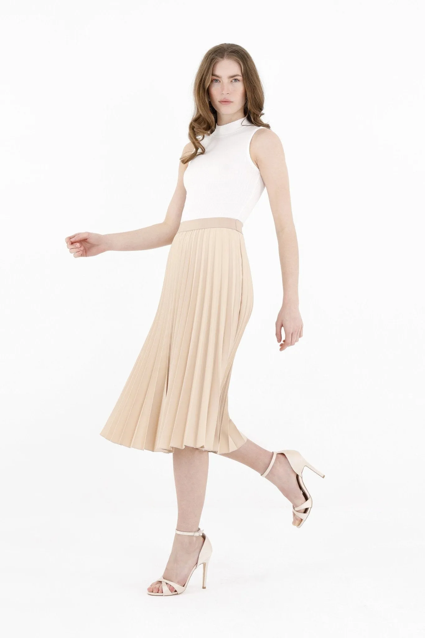 Pleated Skirt High Waist Elastic Waist Band Midi Skirt