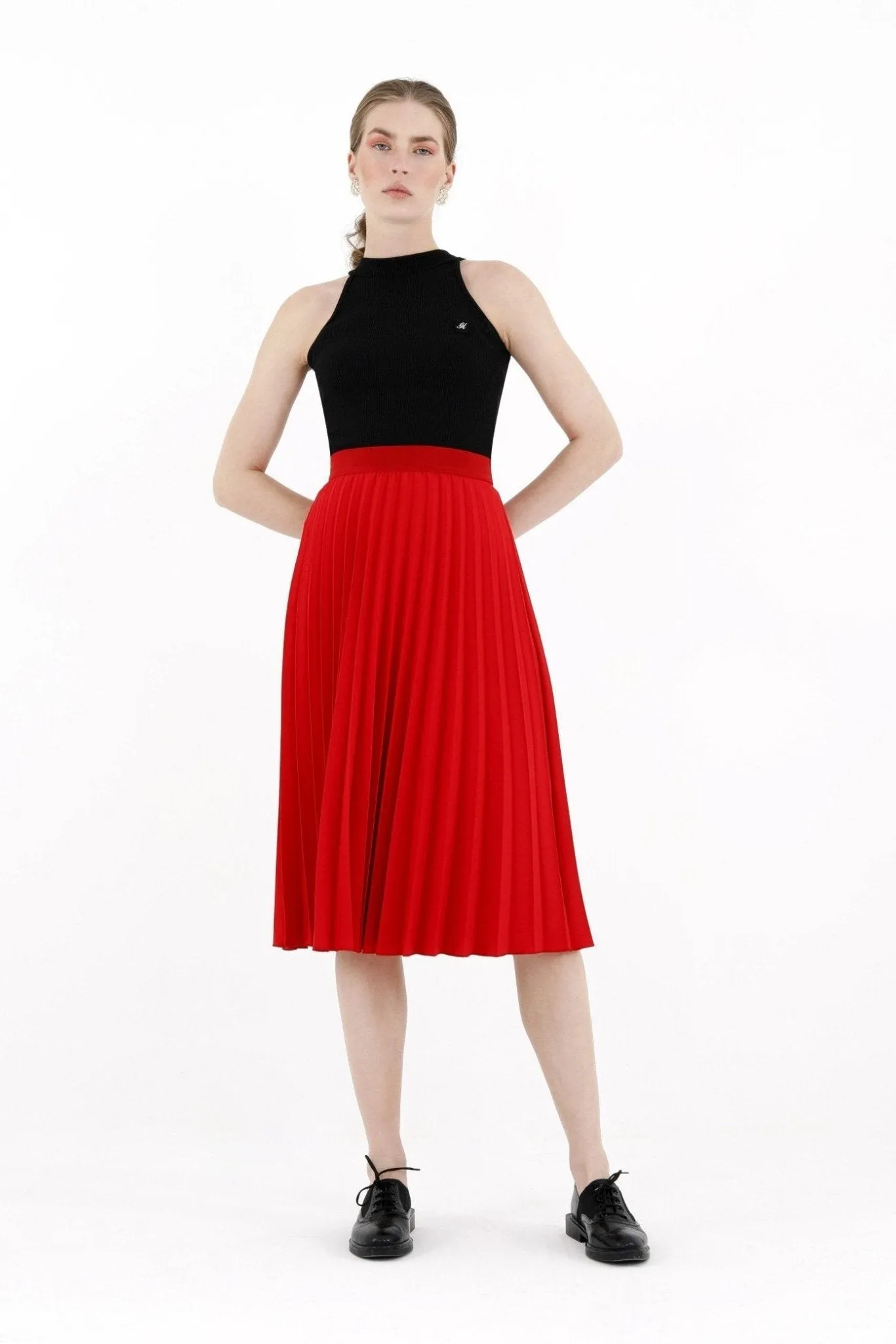 Pleated Skirt High Waist Elastic Waist Band Midi Skirt