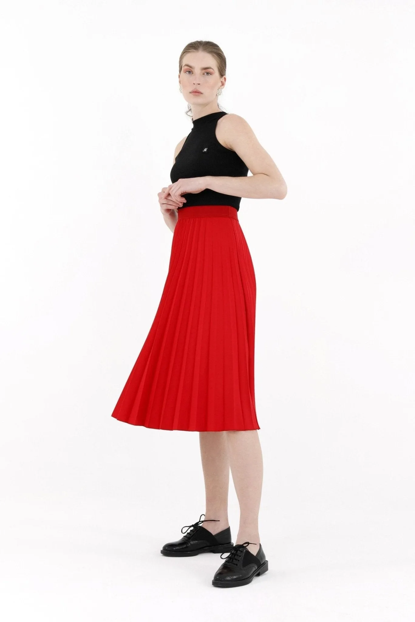 Pleated Skirt High Waist Elastic Waist Band Midi Skirt