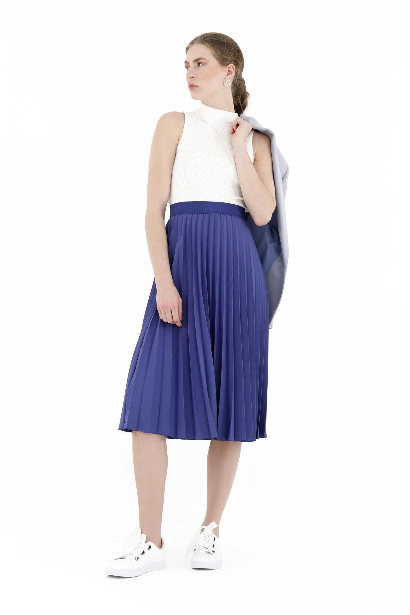 Pleated Skirt High Waist Elastic Waist Band Midi Skirt