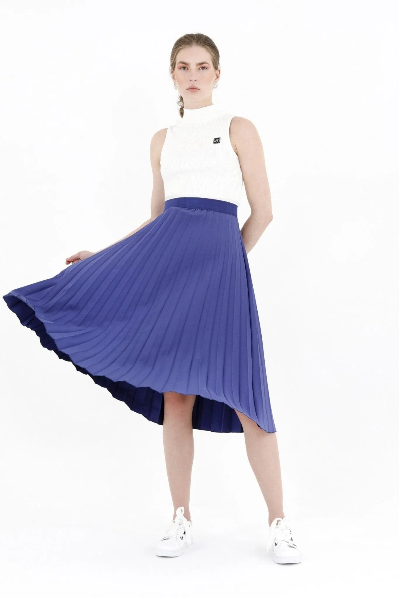 Pleated Skirt High Waist Elastic Waist Band Midi Skirt