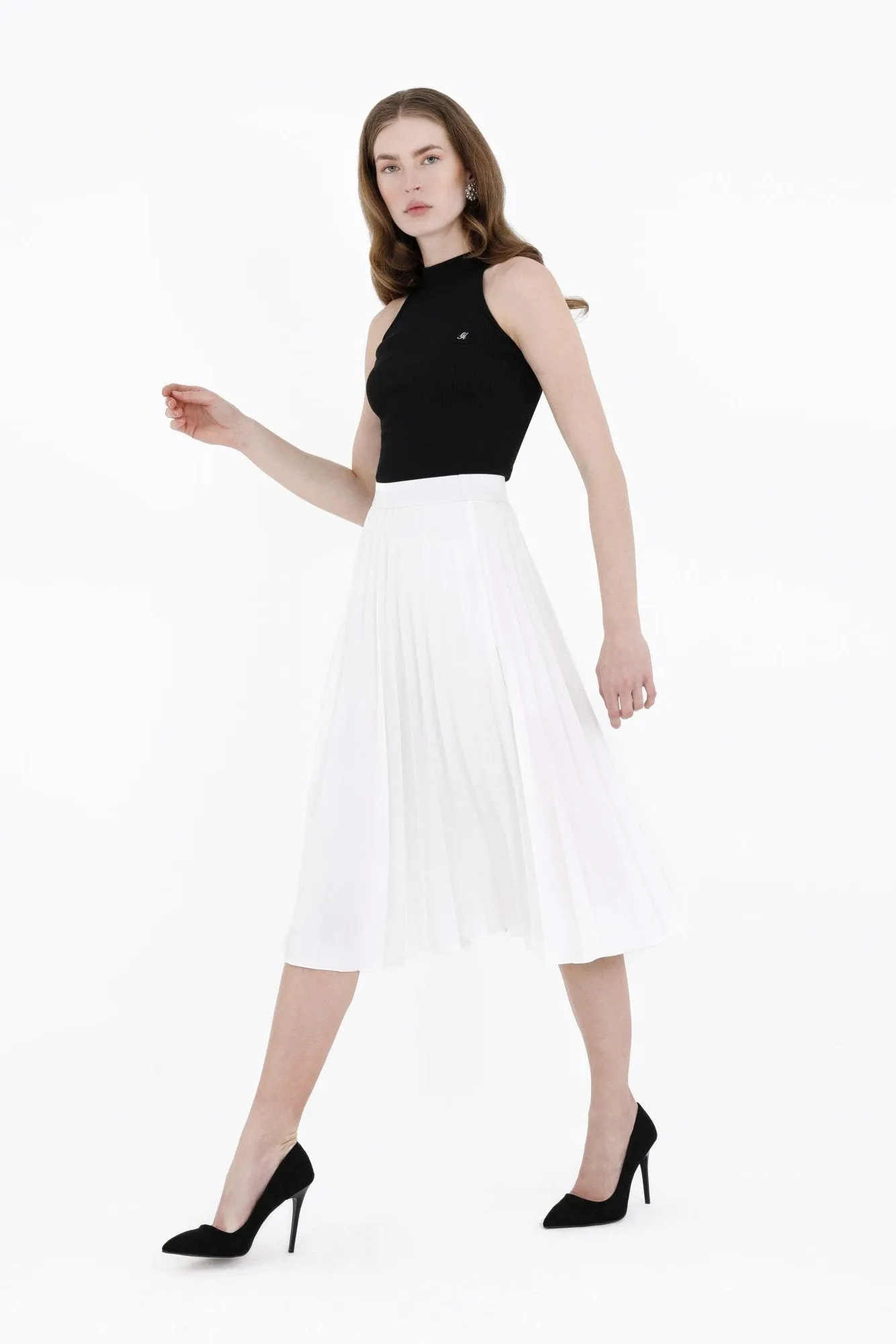 Pleated Skirt High Waist Elastic Waist Band Midi Skirt