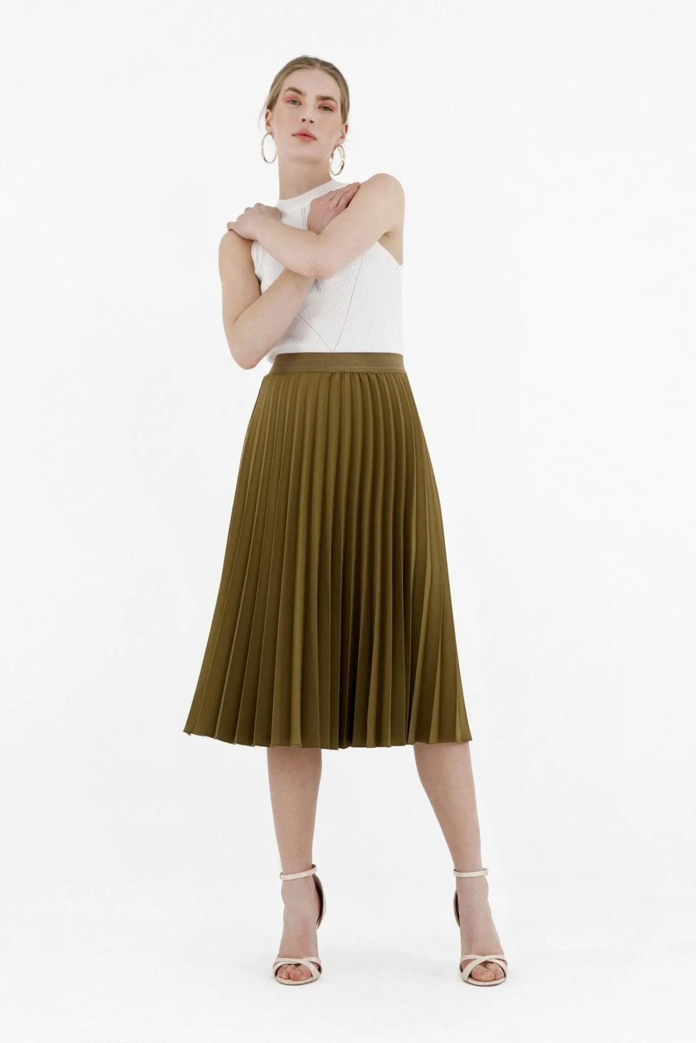 Pleated Skirt High Waist Elastic Waist Band Midi Skirt