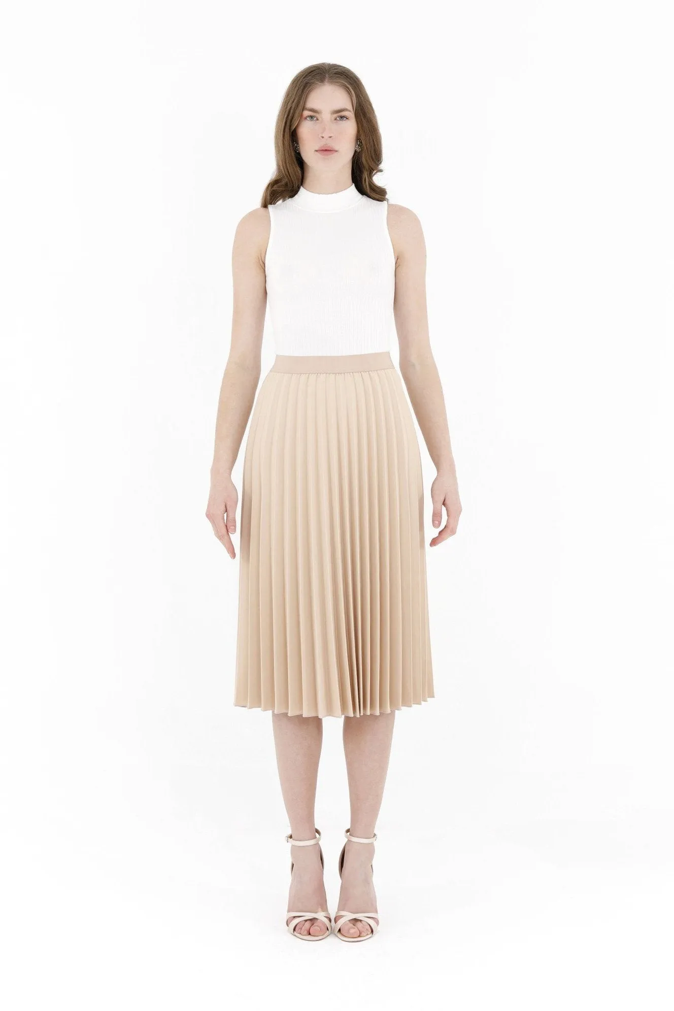 Pleated Skirt High Waist Elastic Waist Band Midi Skirt