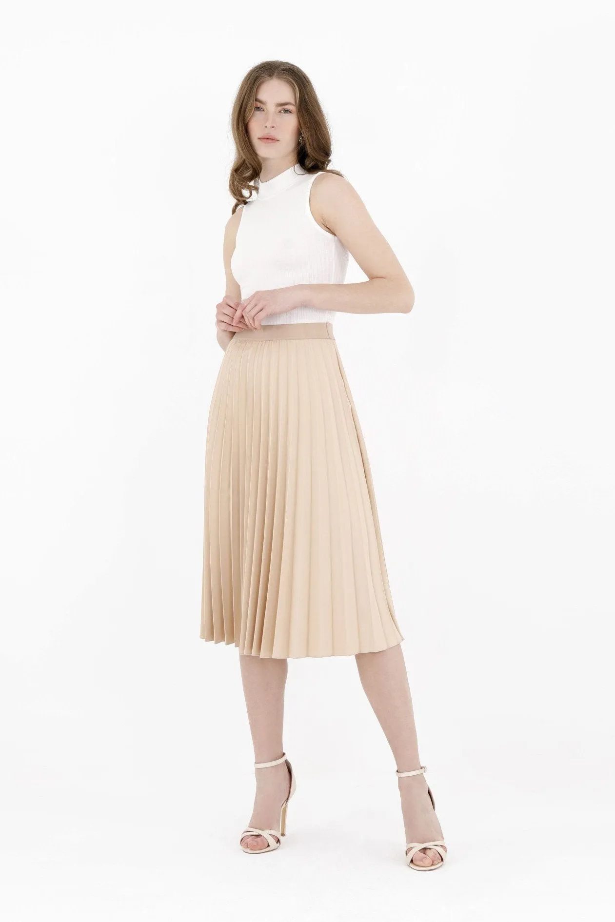 Pleated Skirt High Waist Elastic Waist Band Midi Skirt