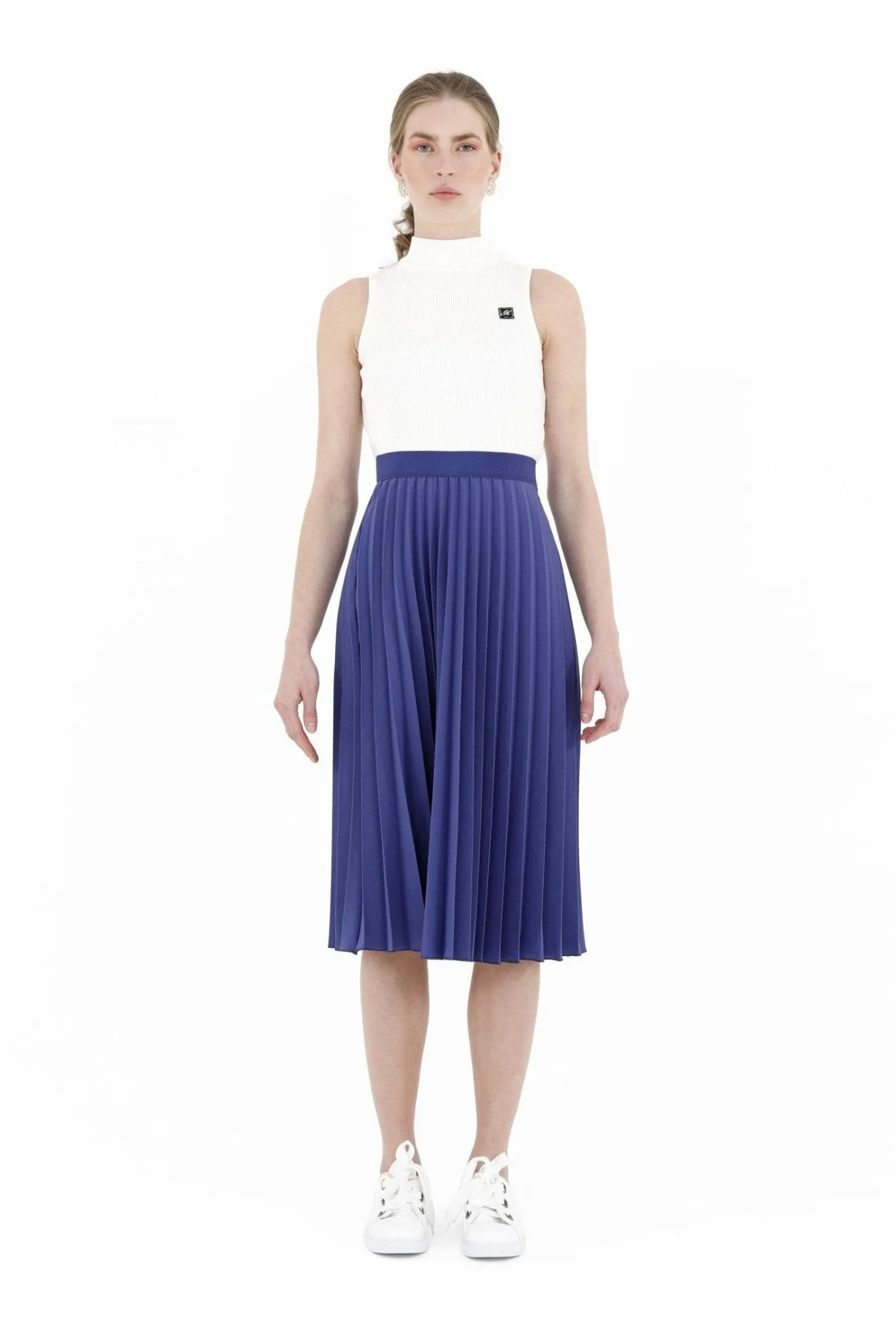 Pleated Skirt High Waist Elastic Waist Band Midi Skirt