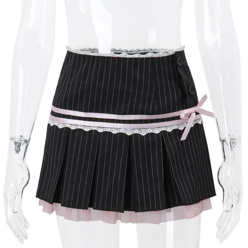 Pleated striped button lace hem bowknot stitch mini skirt