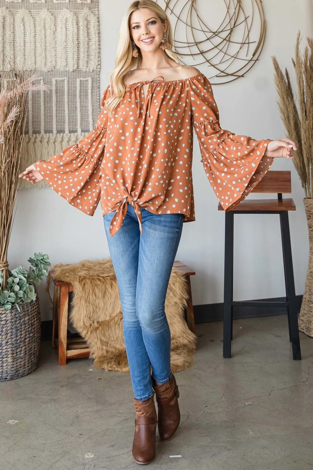 Polka Dot Bell Sleeve Off Shoulder Top