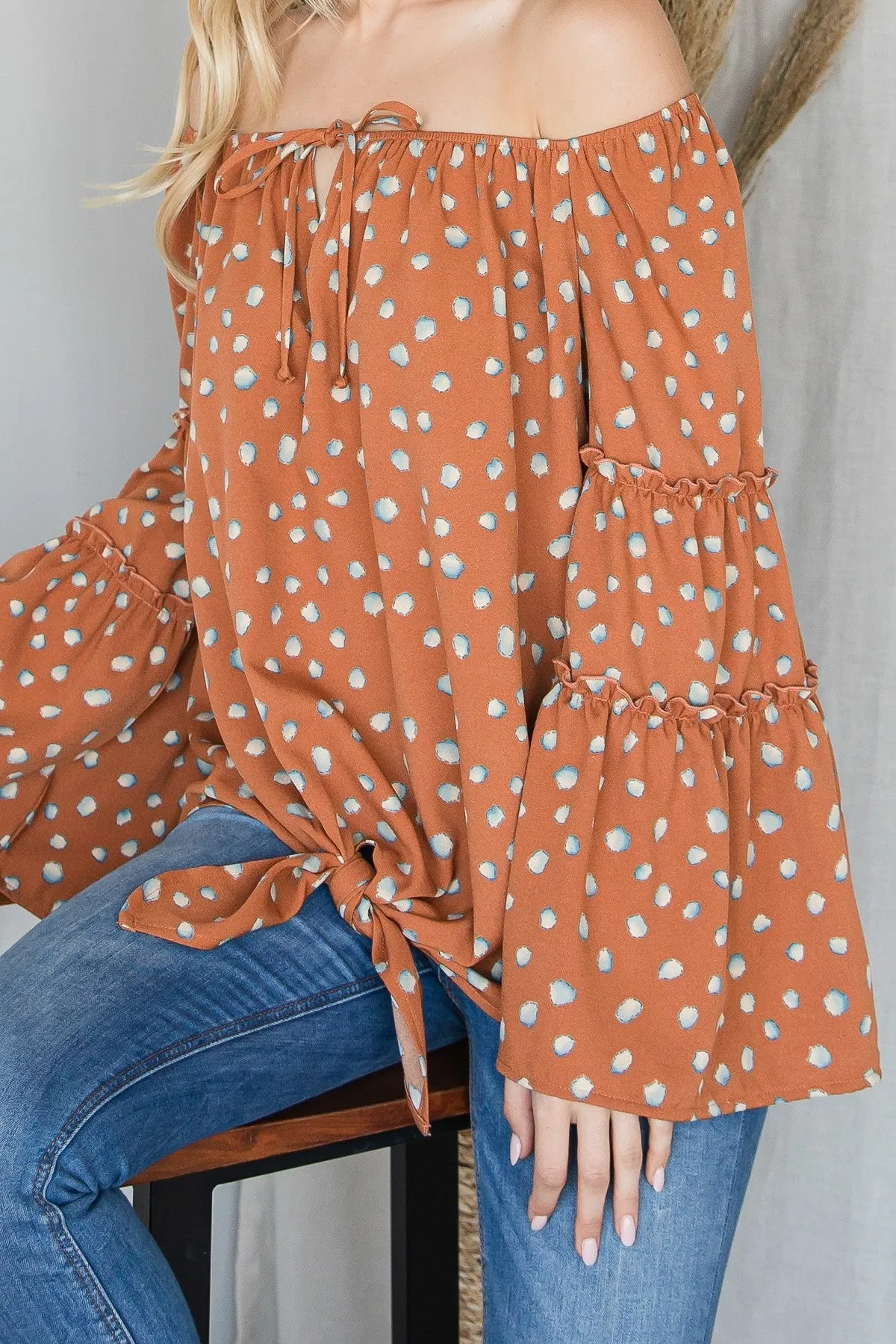 Polka Dot Bell Sleeve Off Shoulder Top