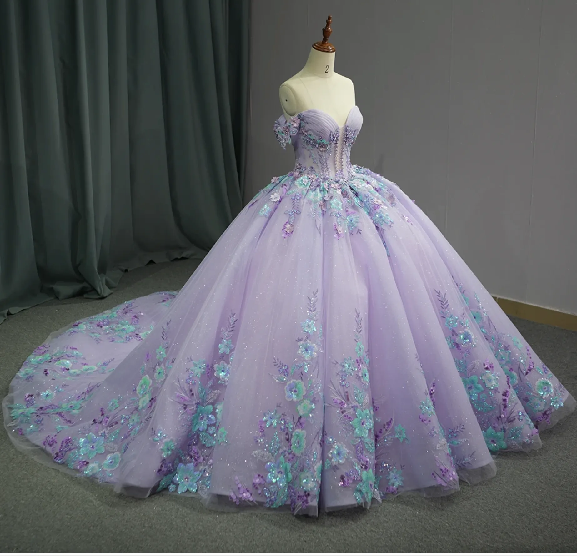 Princess Purple Floral Quinceanera Full Ball Gown