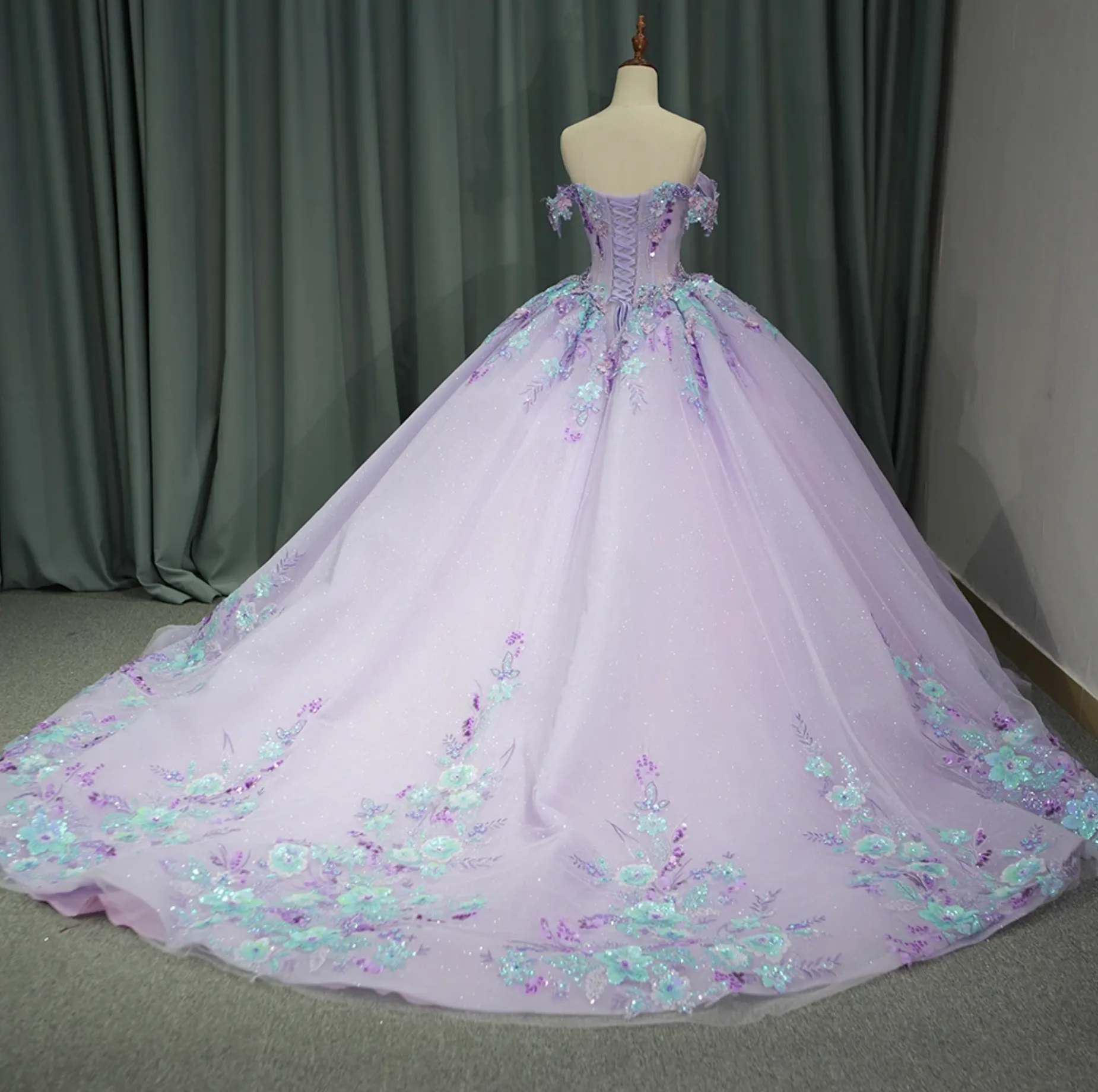 Princess Purple Floral Quinceanera Full Ball Gown