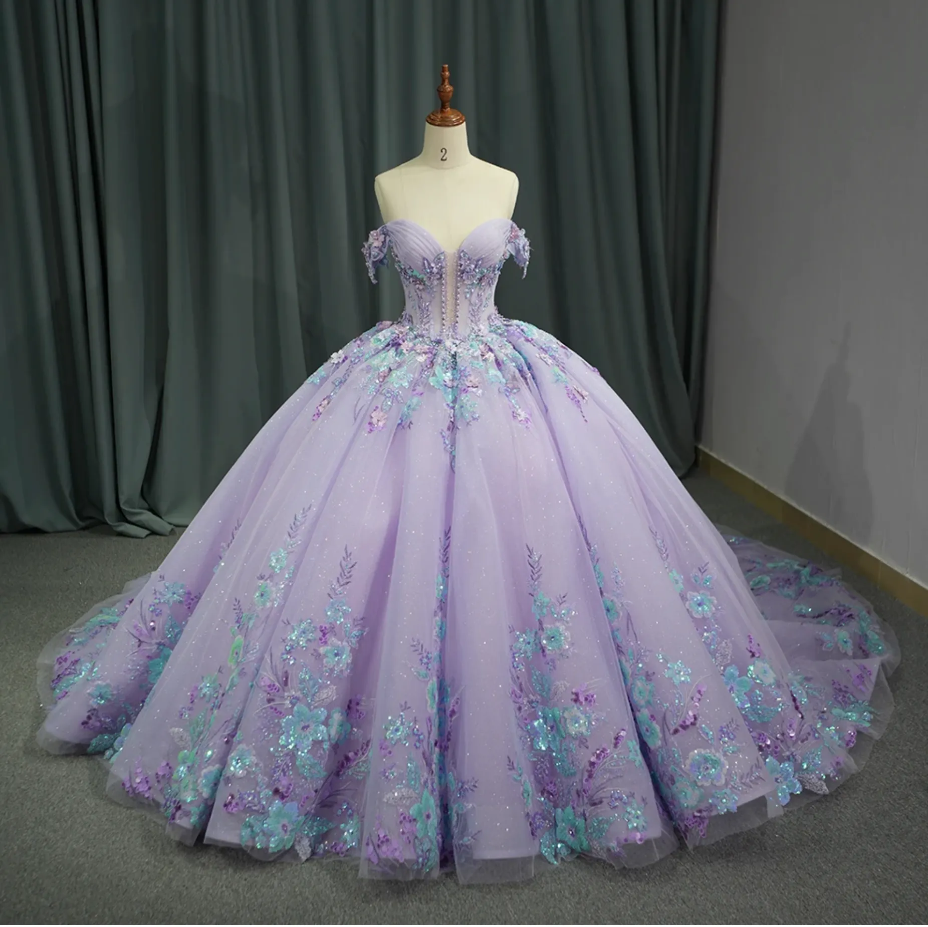 Princess Purple Floral Quinceanera Full Ball Gown