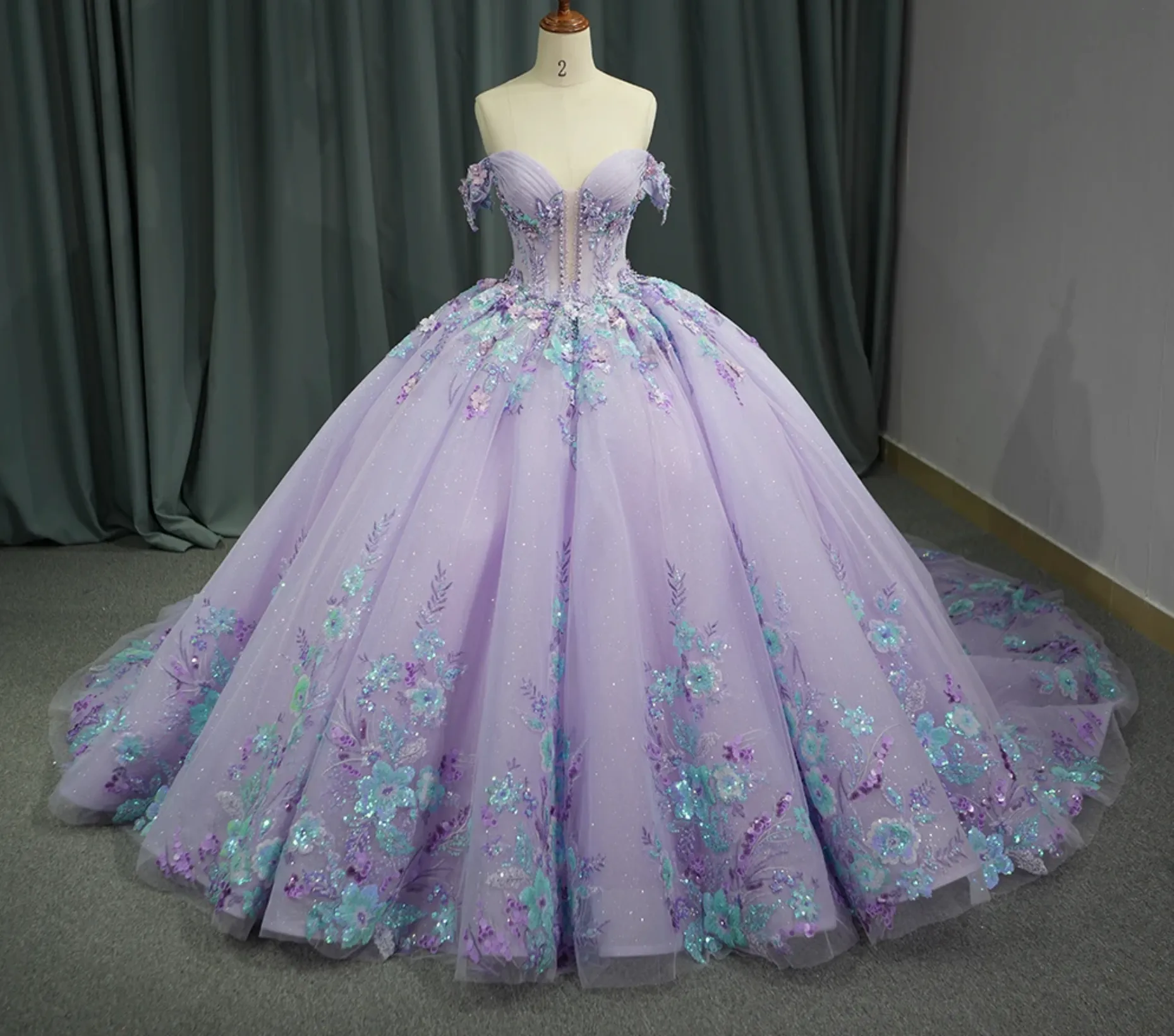 Princess Purple Floral Quinceanera Full Ball Gown