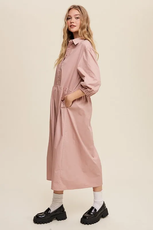 Puff Sleeve Babydoll Maxi Shirt Dress