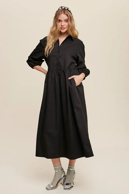 Puff Sleeve Babydoll Maxi Shirt Dress