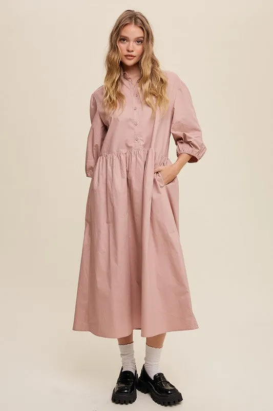 Puff Sleeve Babydoll Maxi Shirt Dress