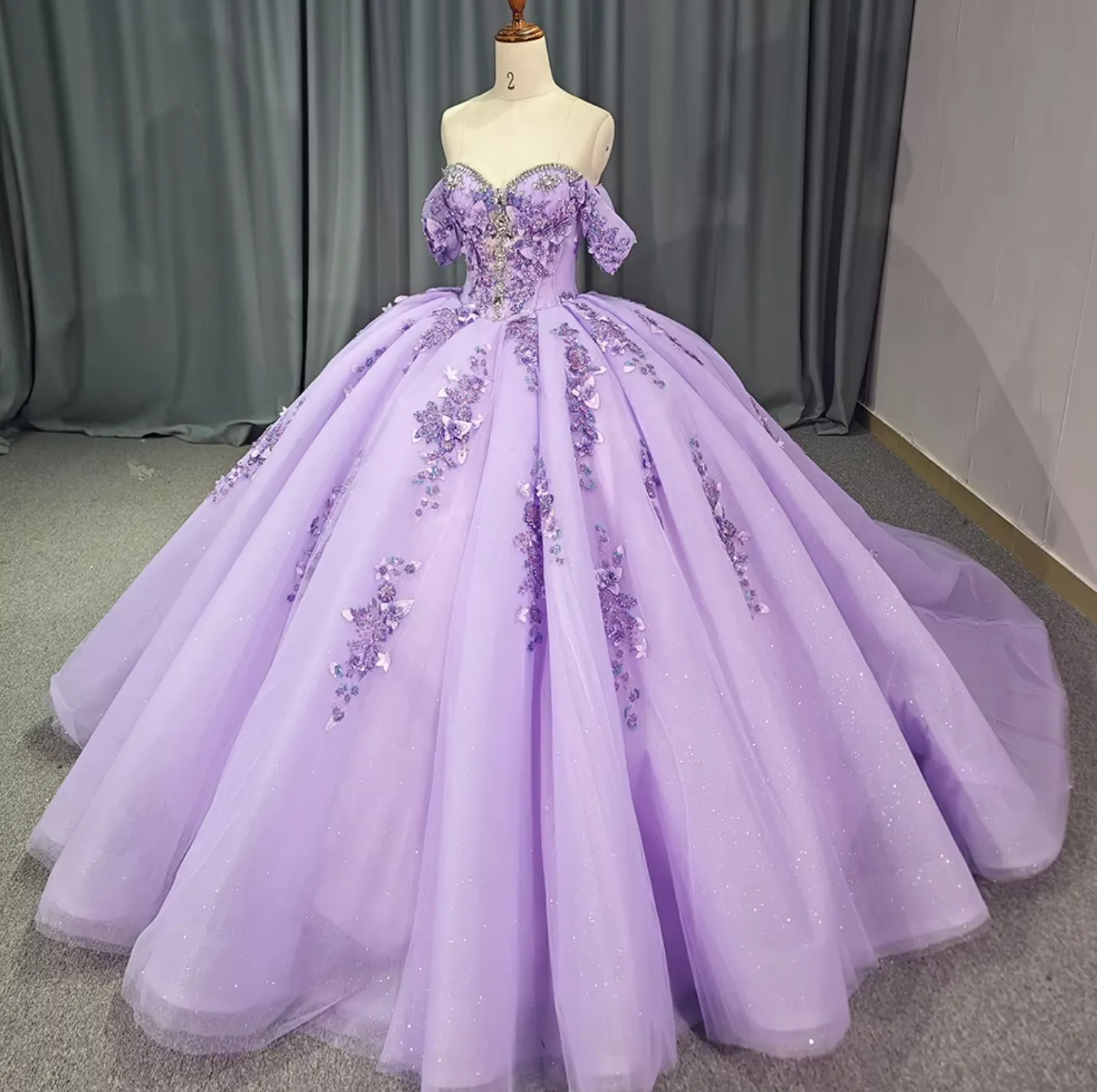 Quinceanera Dress Purple Princess Crystal Off The Shoulder