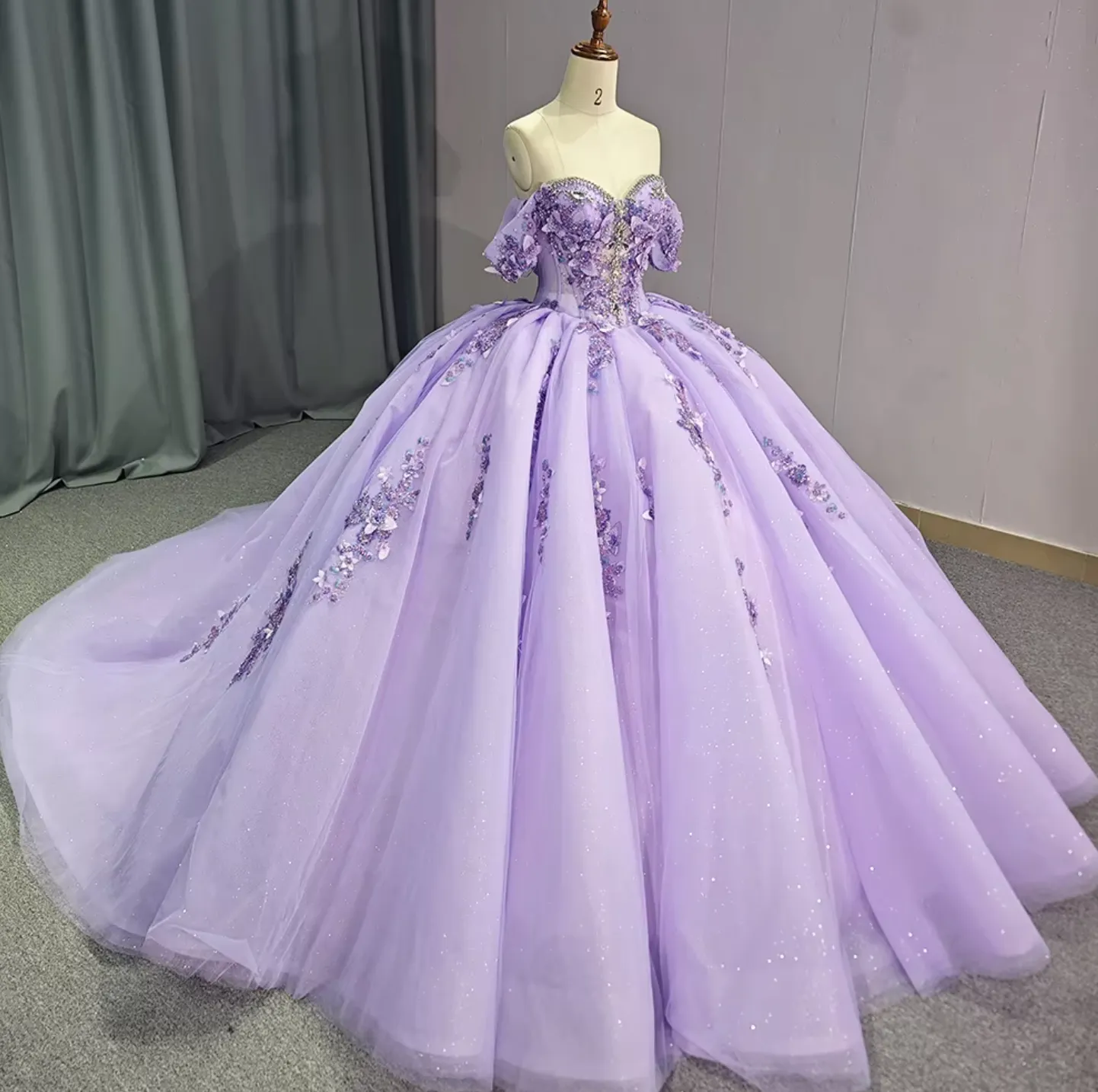 Quinceanera Dress Purple Princess Crystal Off The Shoulder