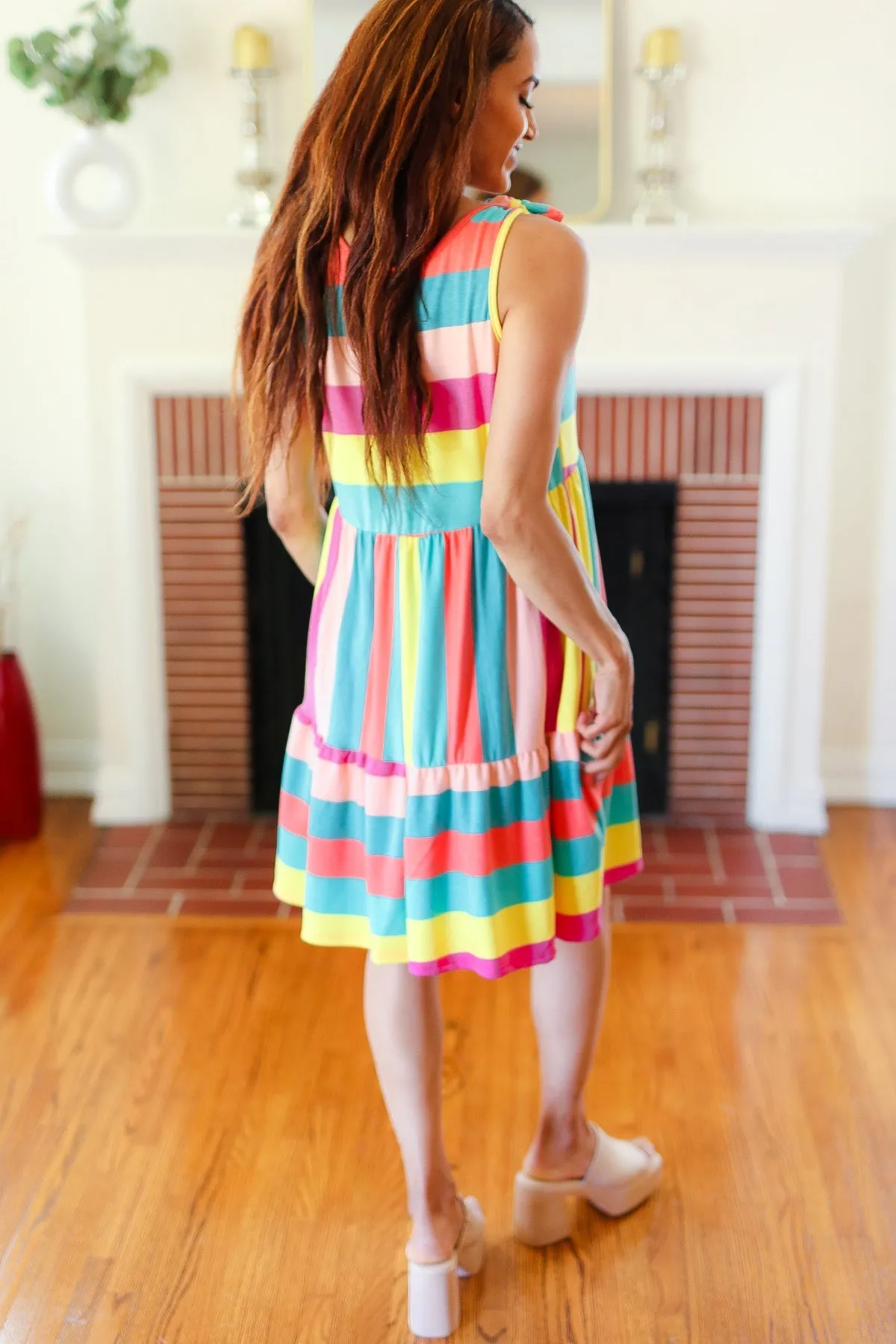 Rainbow Stripe Shoulder Tie Tiered Dress