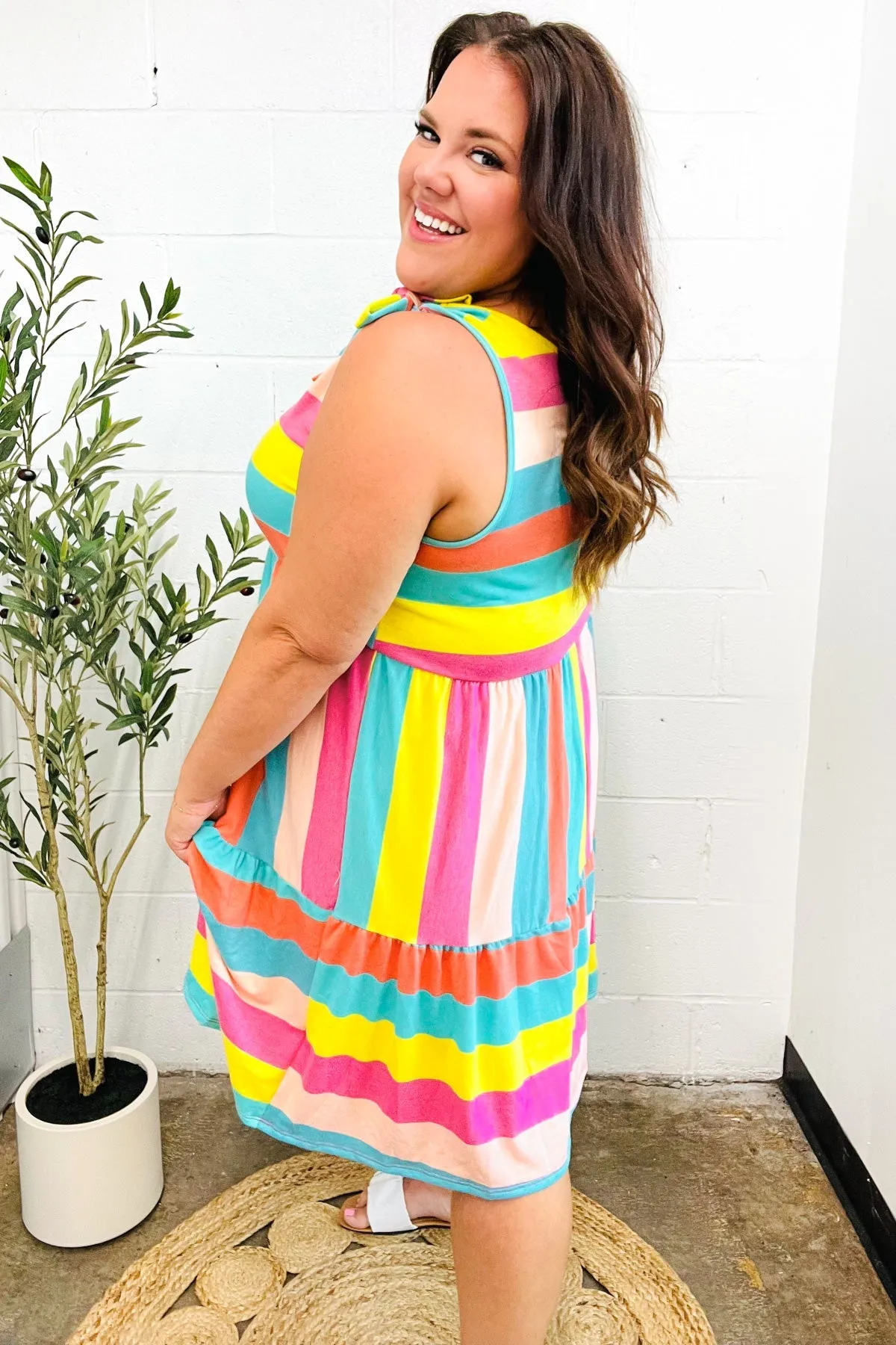 Rainbow Stripe Shoulder Tie Tiered Dress