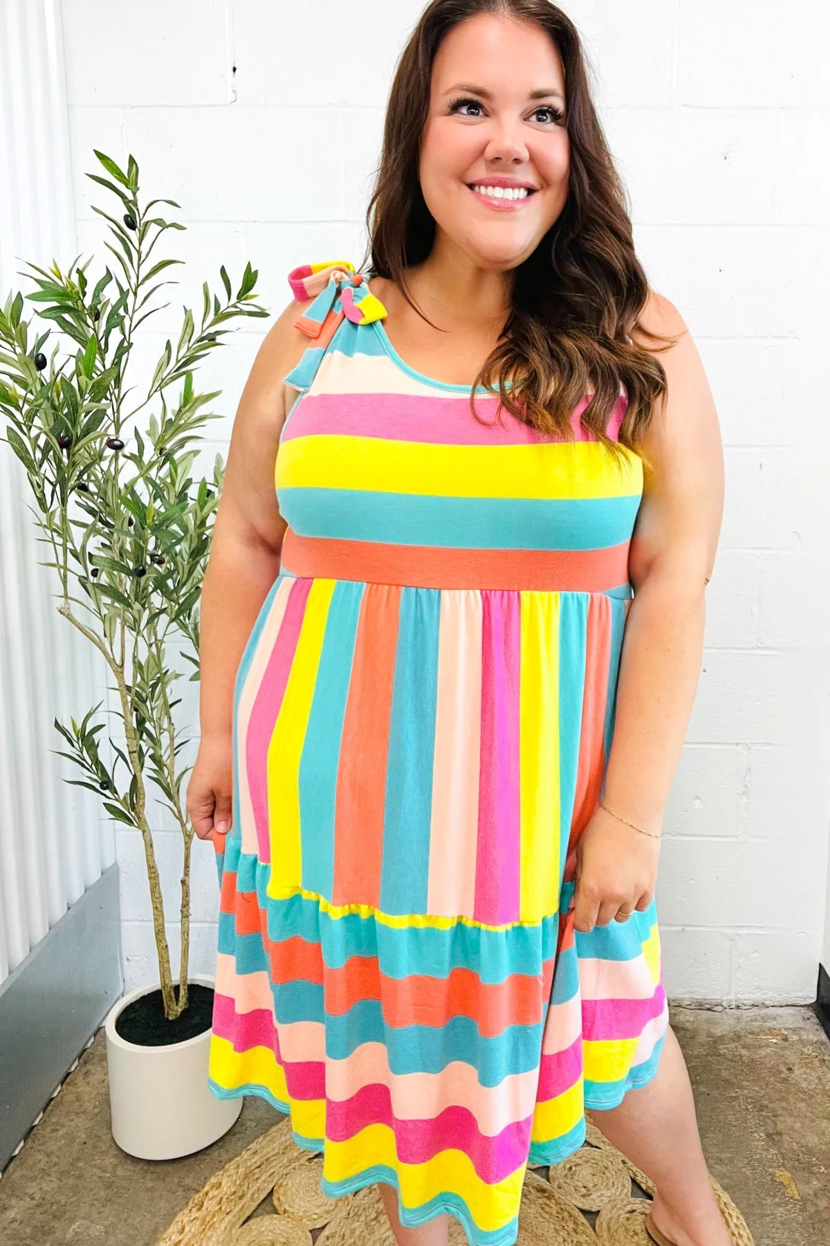 Rainbow Stripe Shoulder Tie Tiered Dress