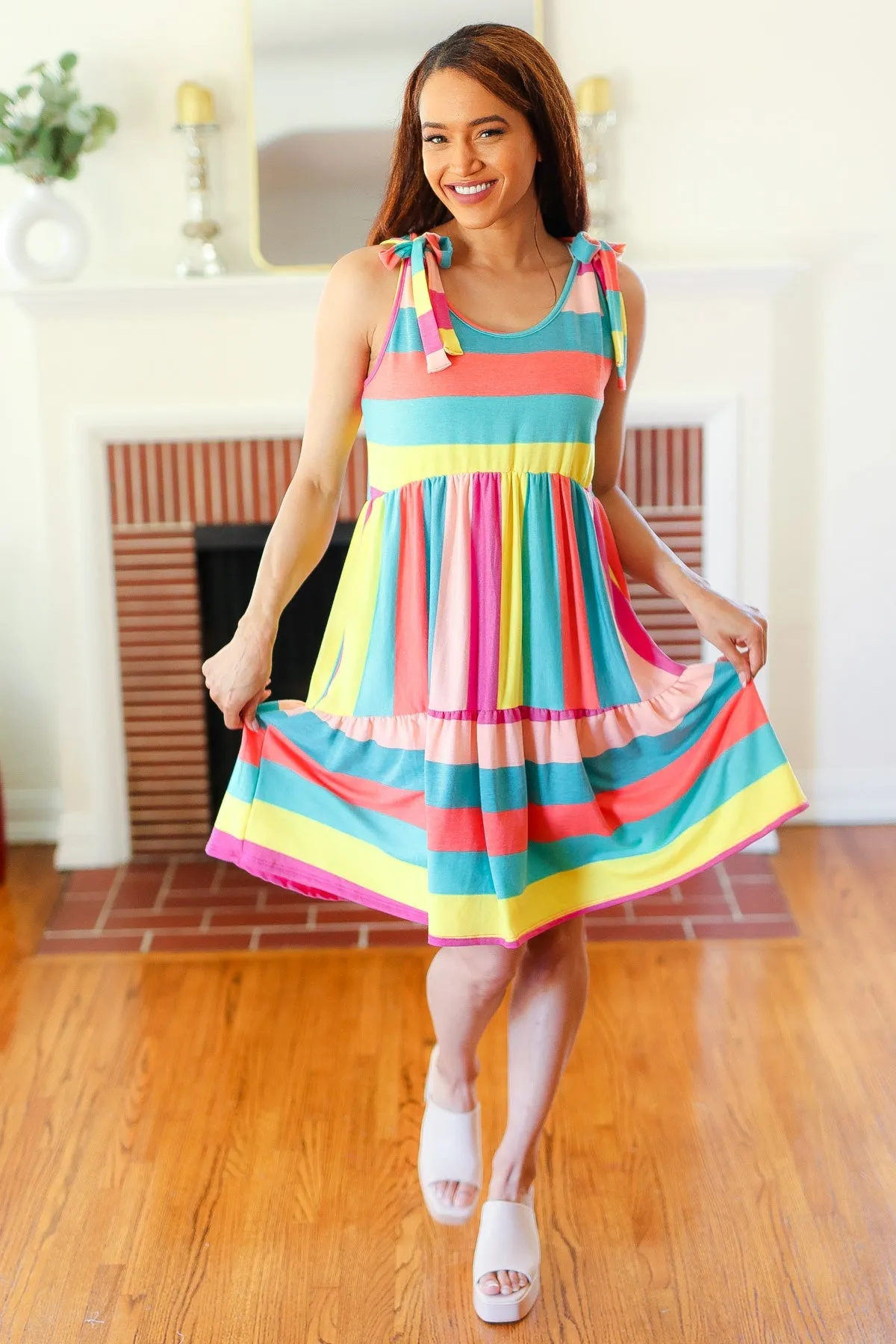 Rainbow Stripe Shoulder Tie Tiered Dress