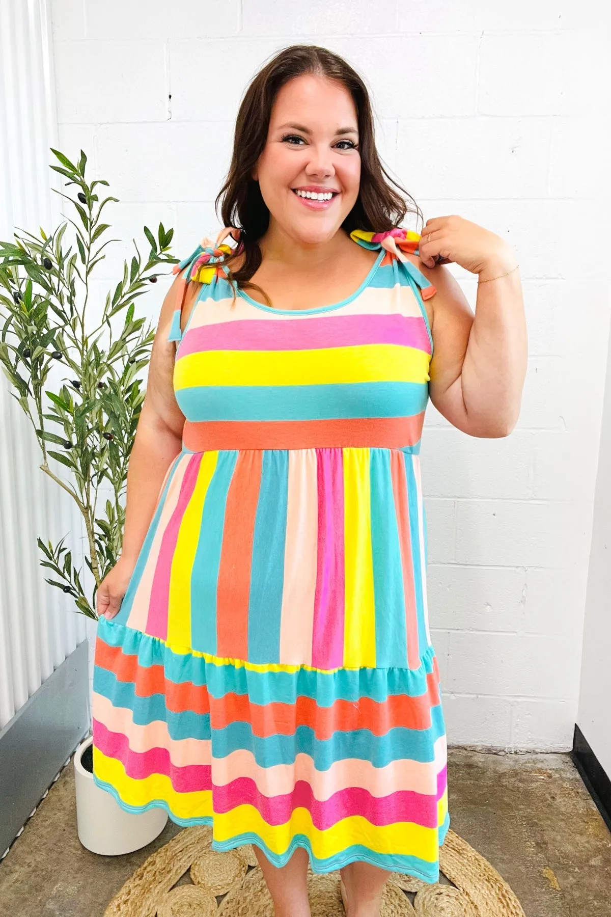 Rainbow Stripe Shoulder Tie Tiered Dress