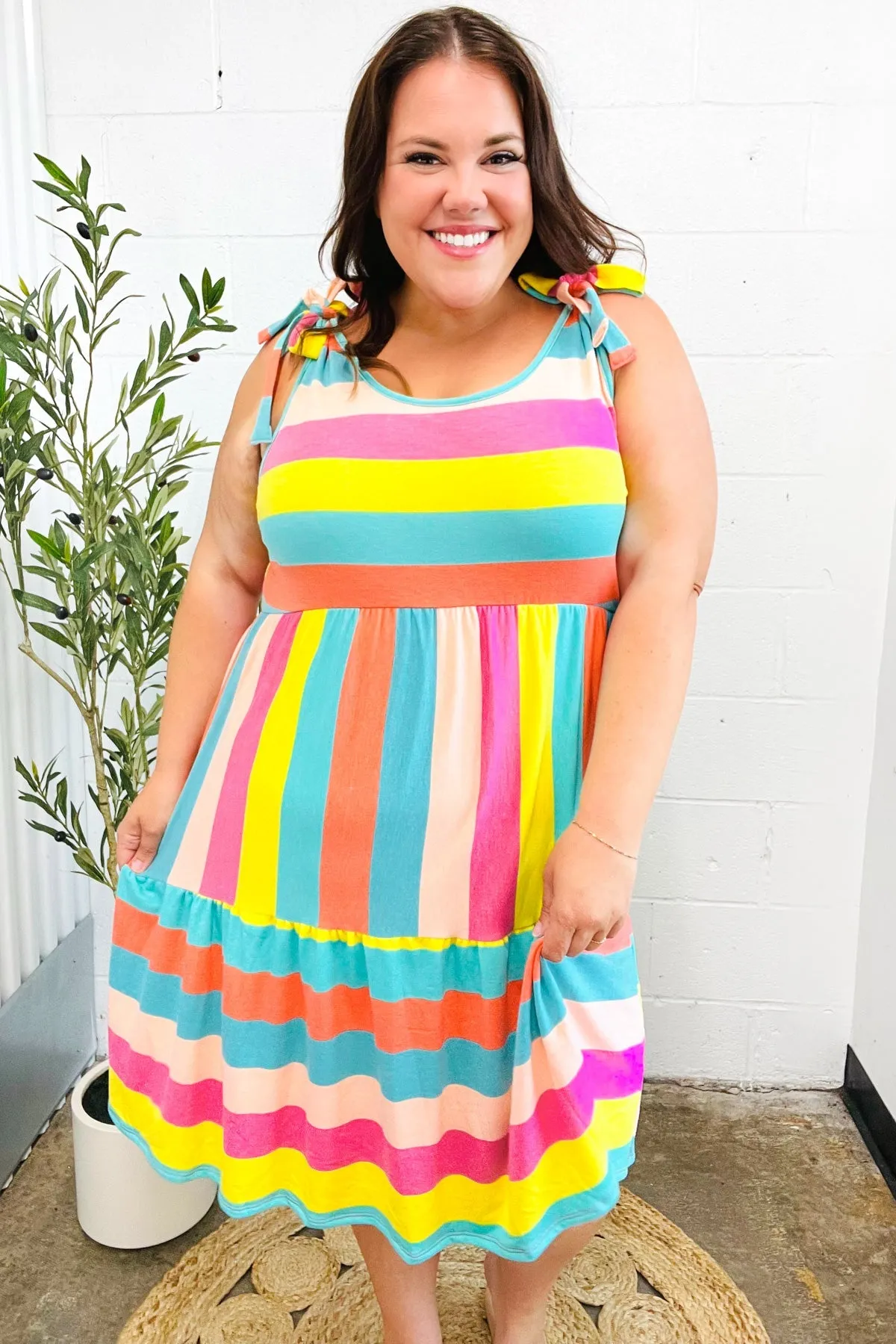 Rainbow Stripe Shoulder Tie Tiered Dress