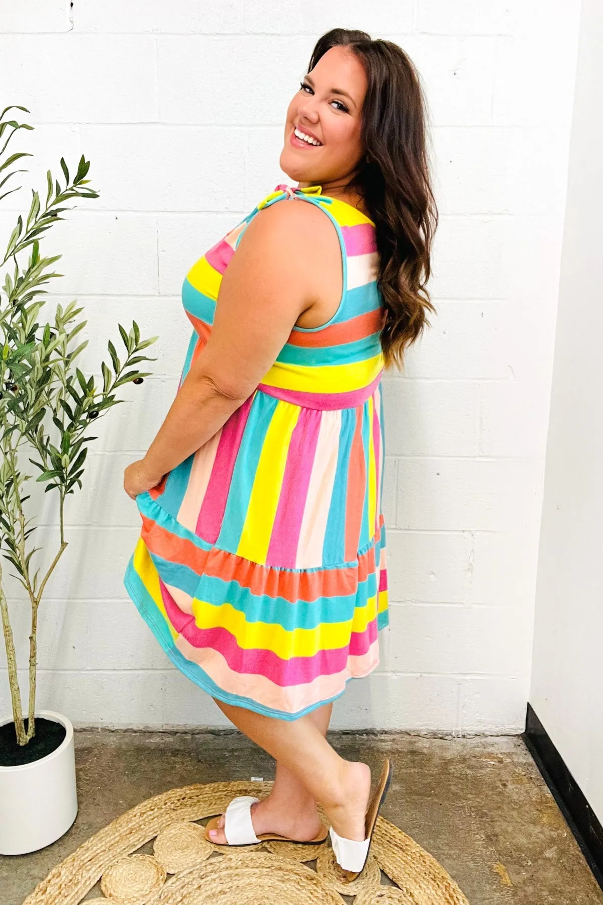 Rainbow Stripe Shoulder Tie Tiered Dress