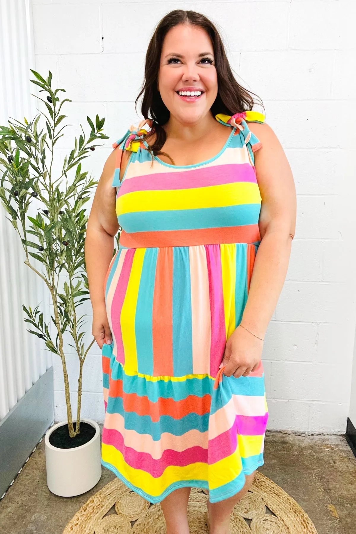 Rainbow Stripe Shoulder Tie Tiered Dress