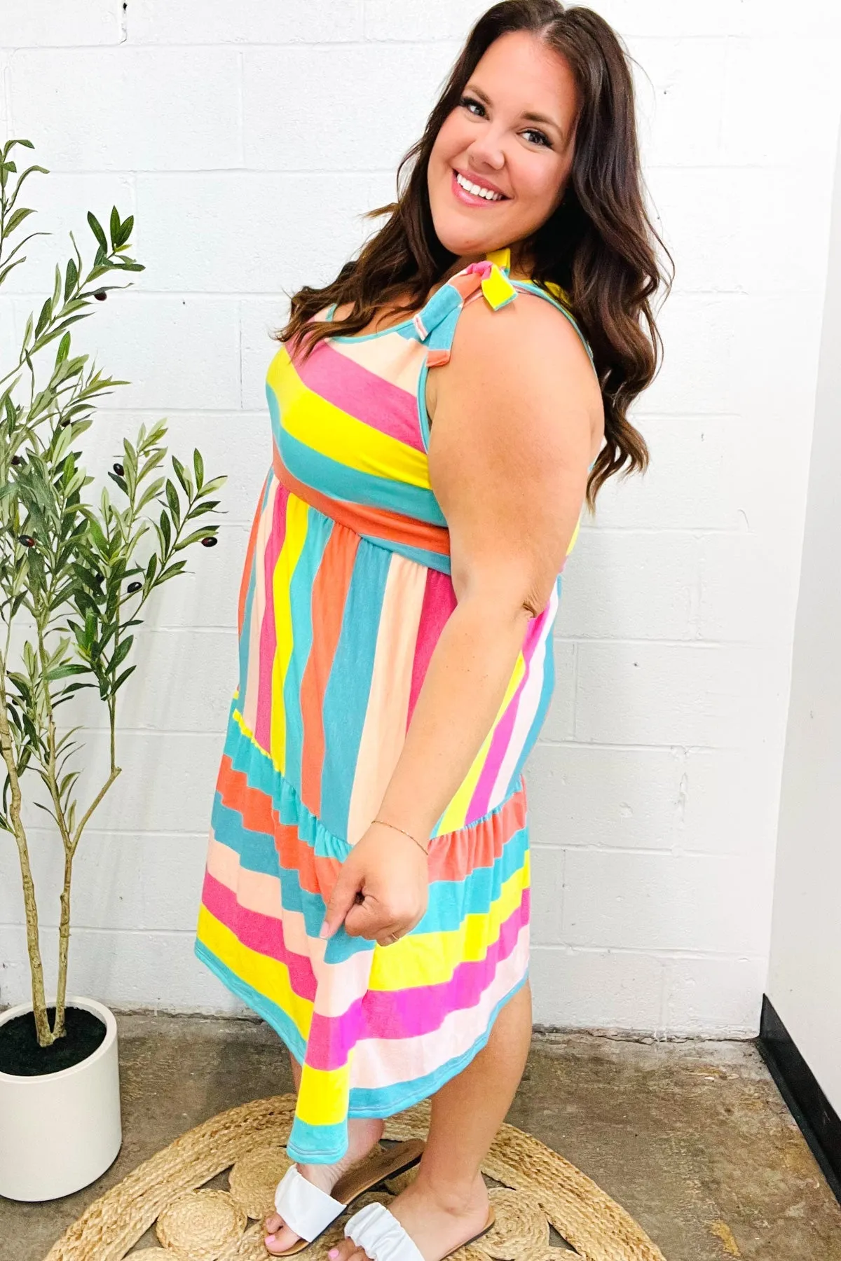 Rainbow Stripe Shoulder Tie Tiered Dress