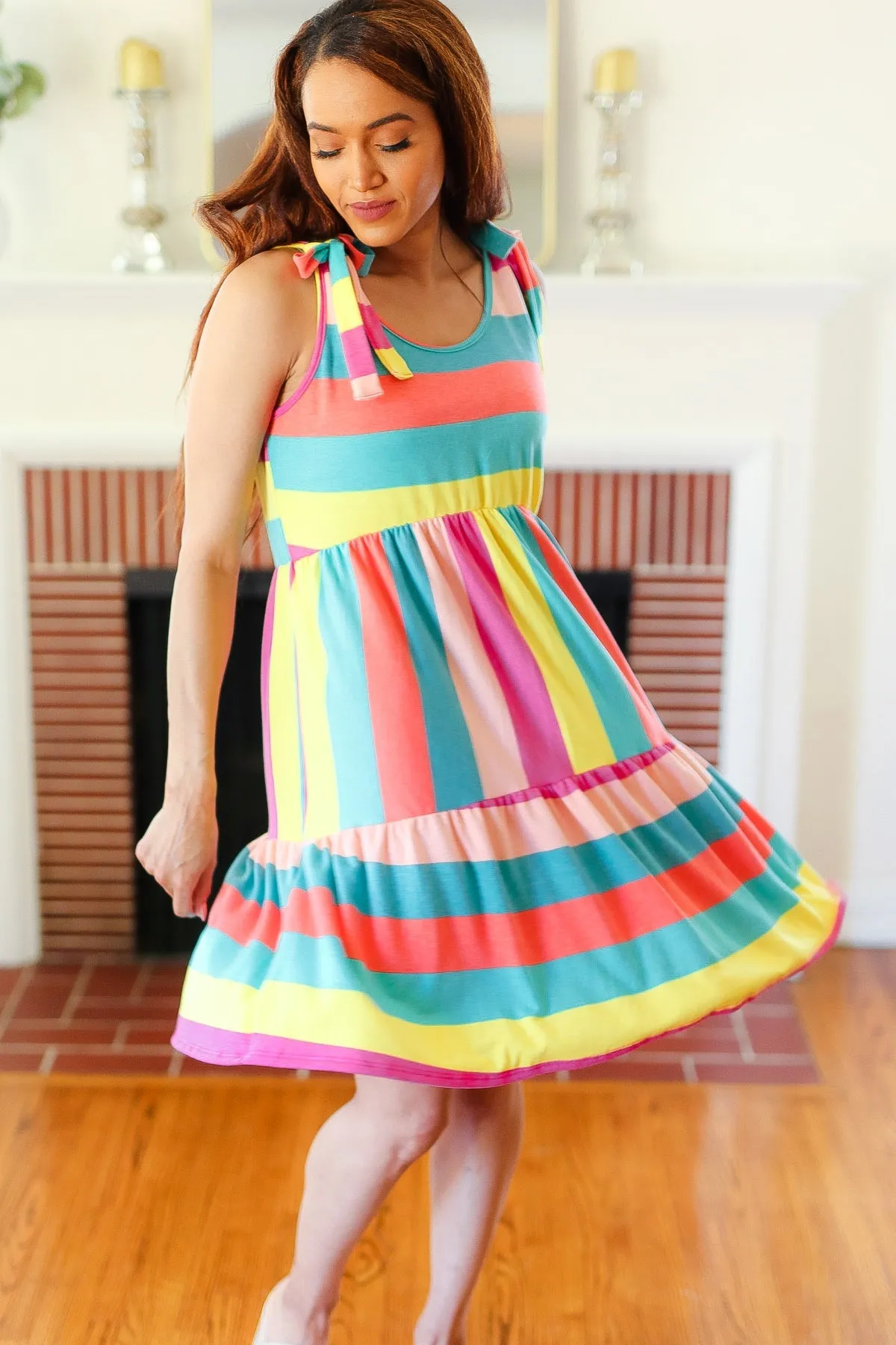 Rainbow Stripe Shoulder Tie Tiered Dress