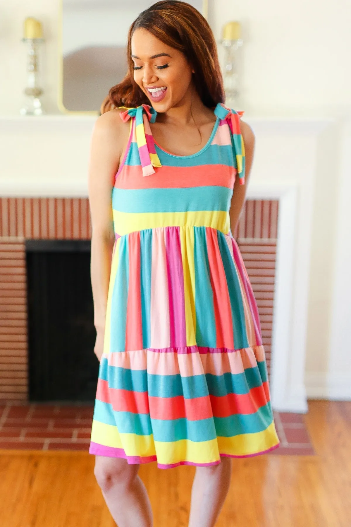 Rainbow Stripe Shoulder Tie Tiered Dress