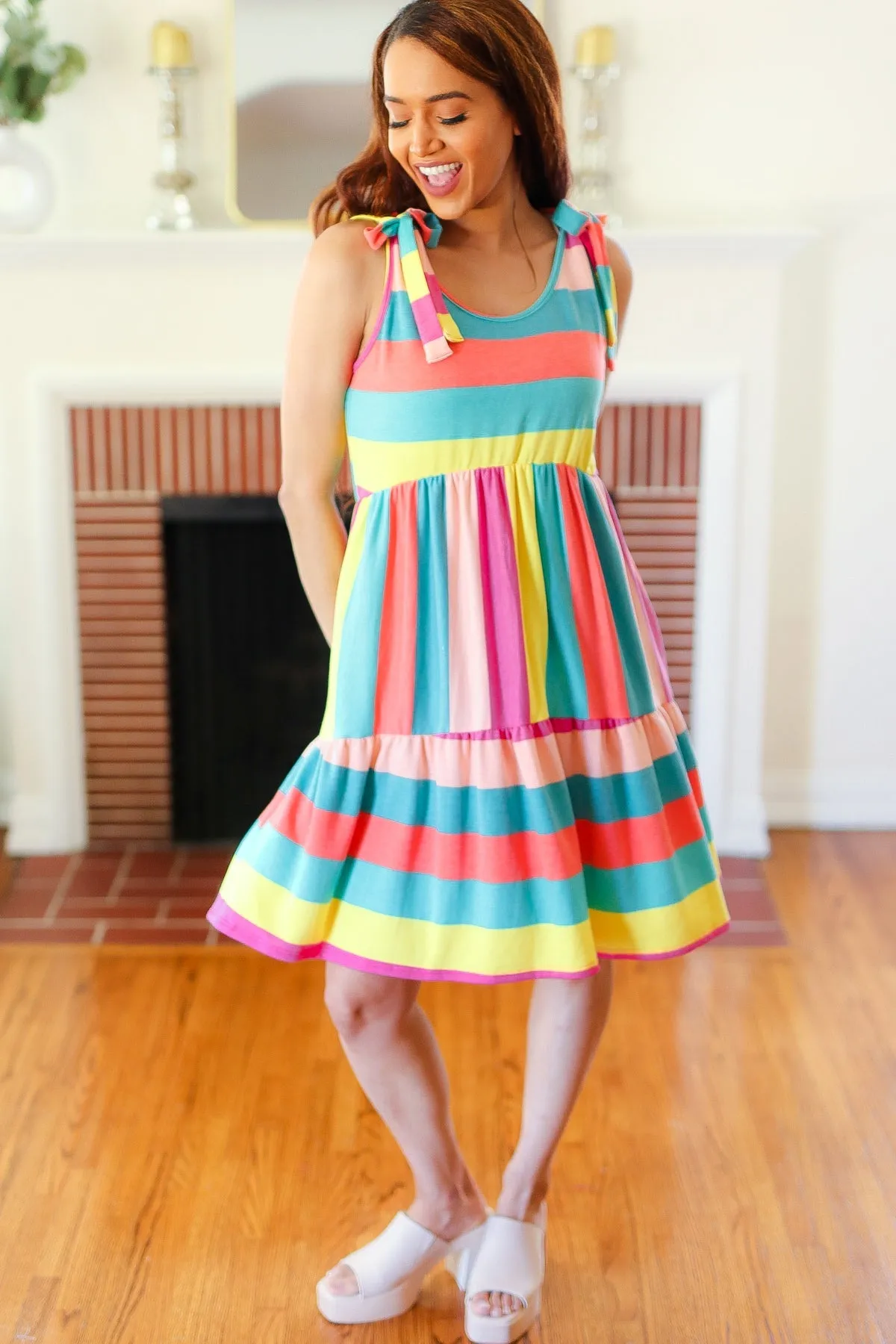 Rainbow Stripe Shoulder Tie Tiered Dress