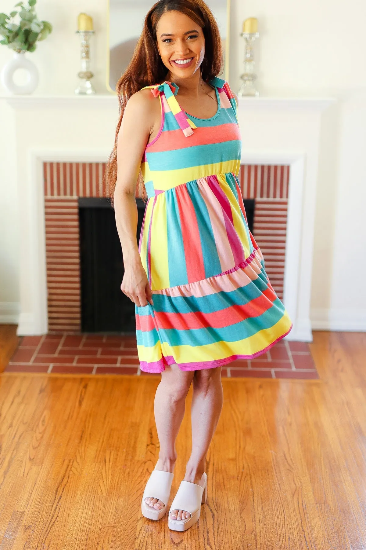 Rainbow Stripe Shoulder Tie Tiered Dress