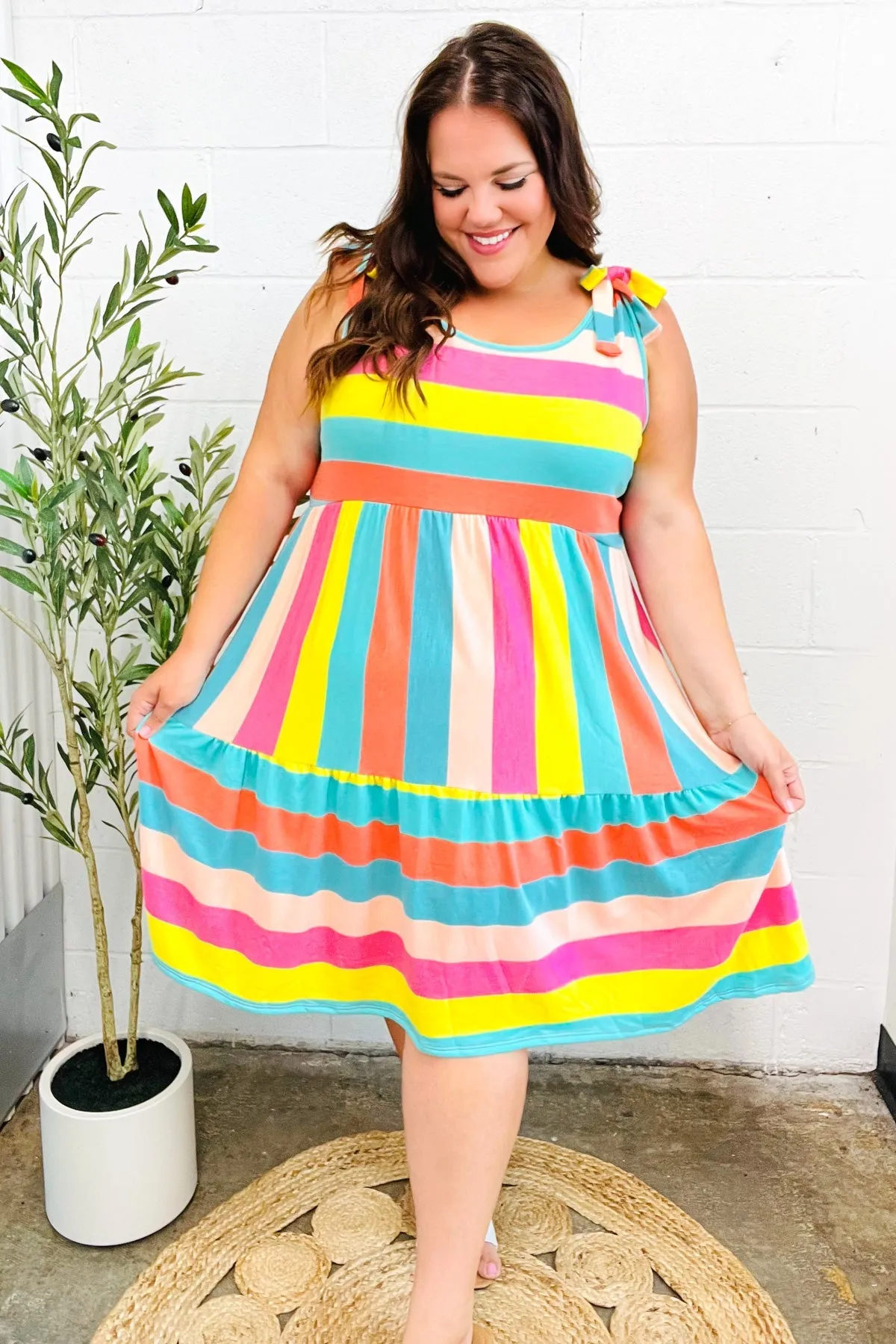 Rainbow Stripe Shoulder Tie Tiered Dress