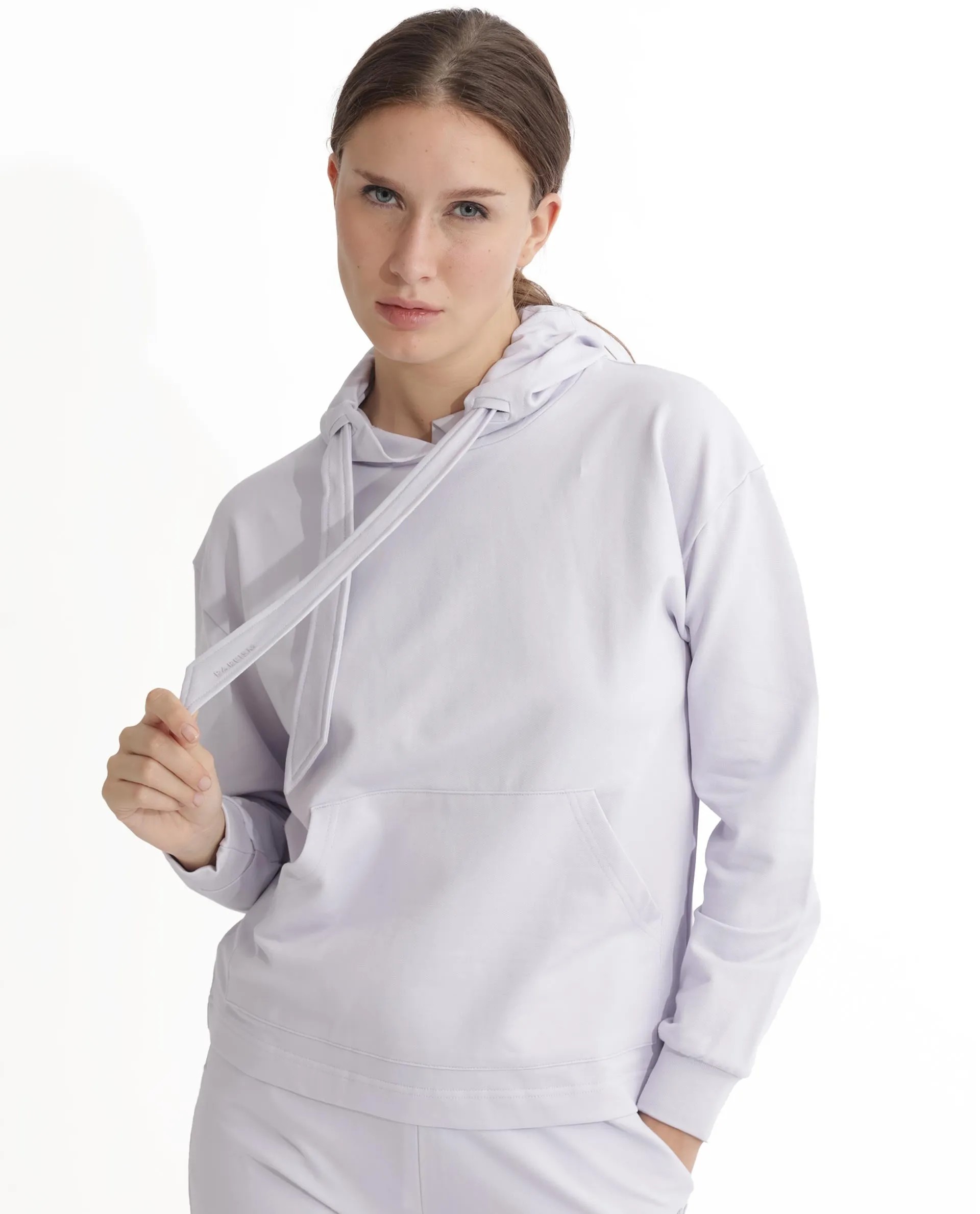 Rareism Articale Women Flynn Pastel Purple Cotton Lycra Fabric Full Sleeves Hooded Regular Fit Plain Sweatshirt