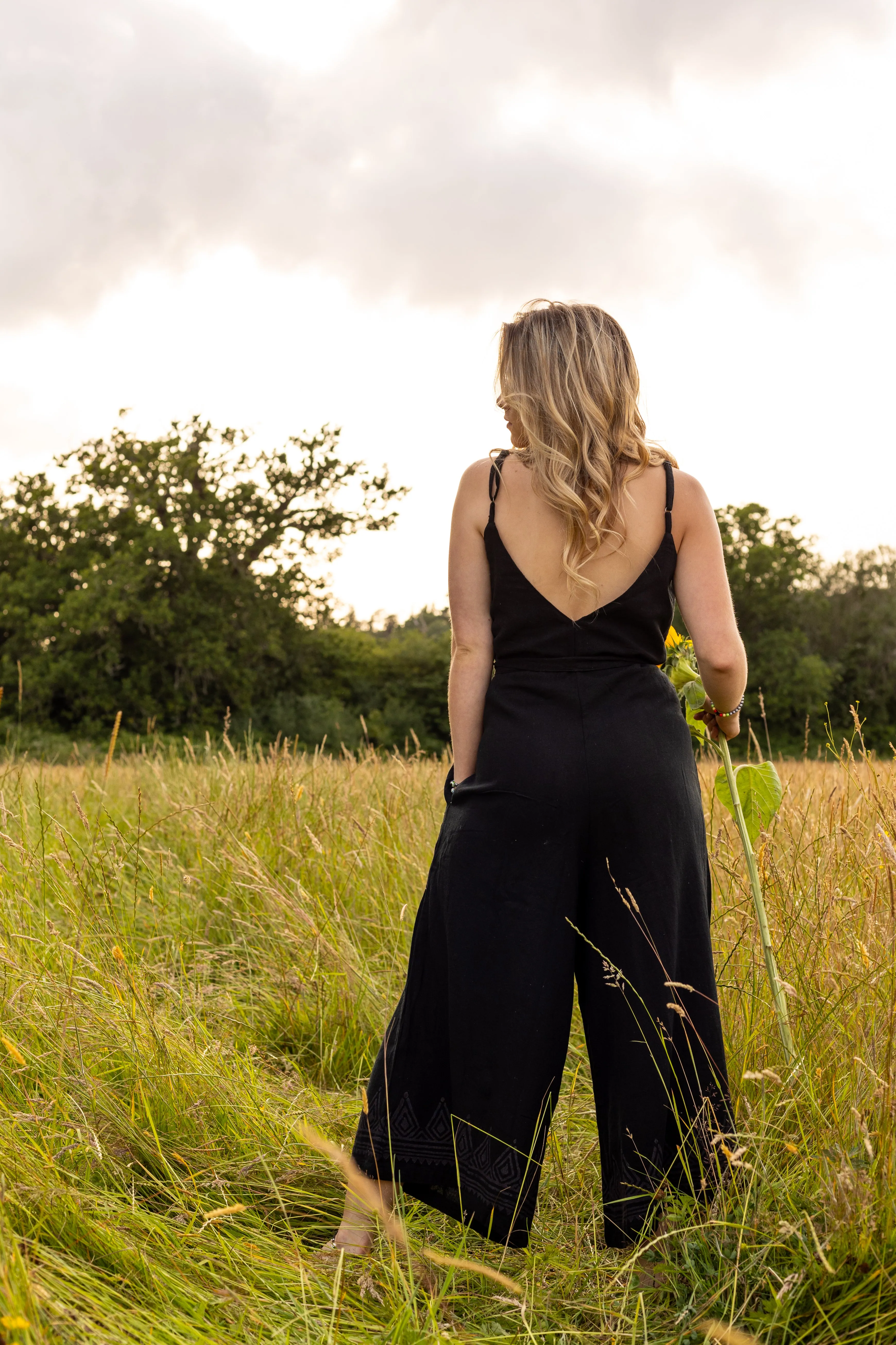 Raw Cotton Wide Leg Jumpsuit | Black