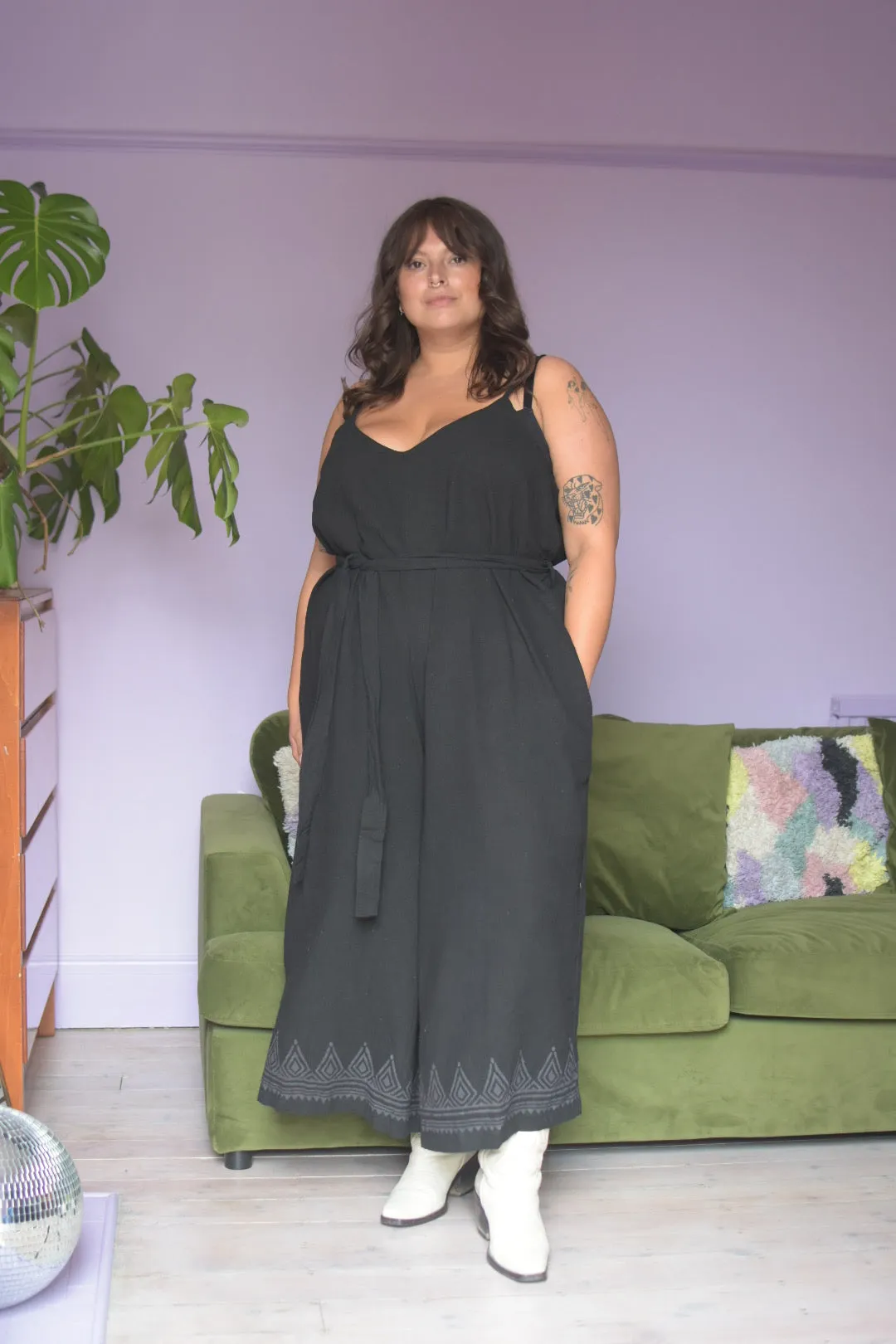 Raw Cotton Wide Leg Jumpsuit | Black