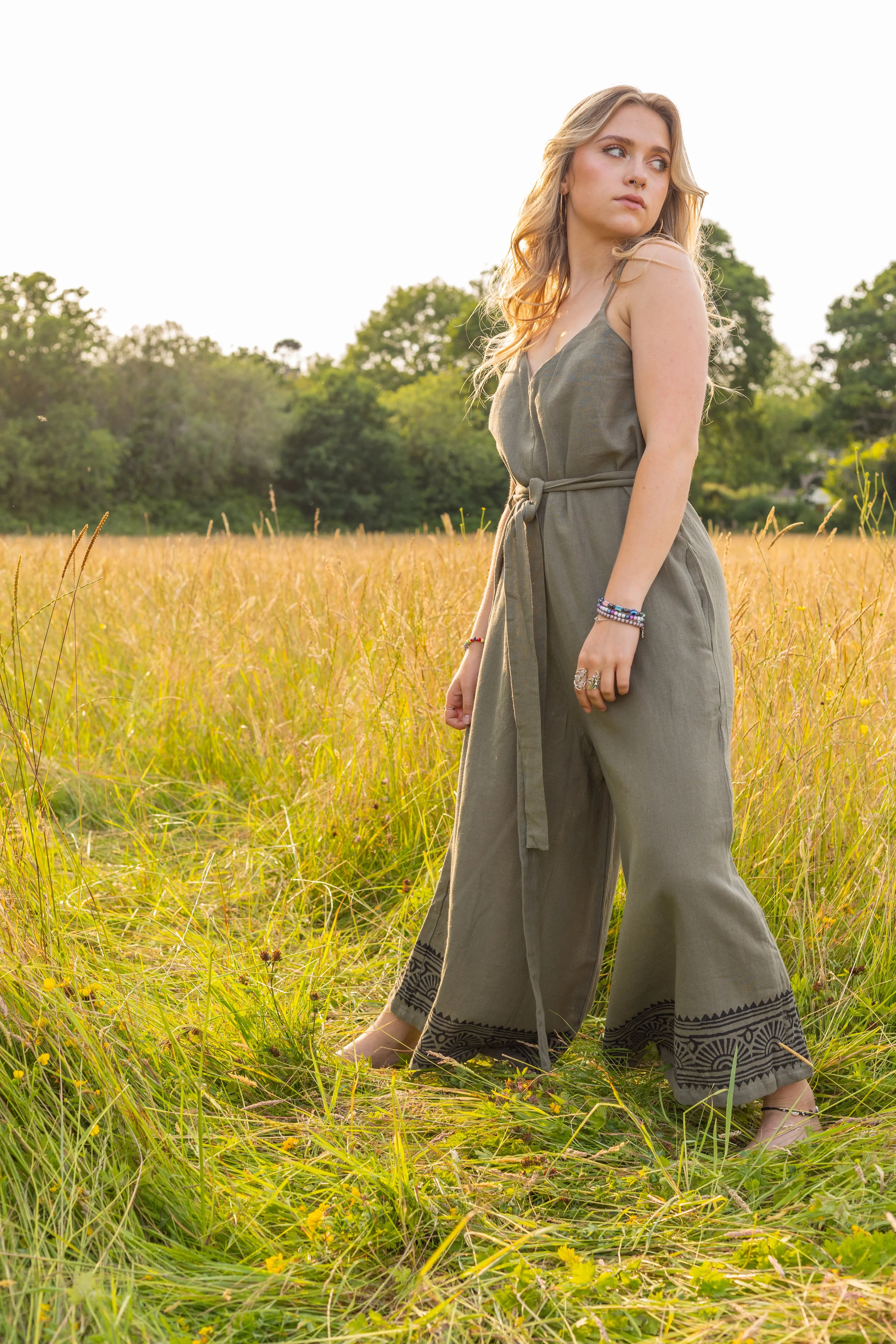 Raw Cotton Wide Leg Jumpsuit | Sage