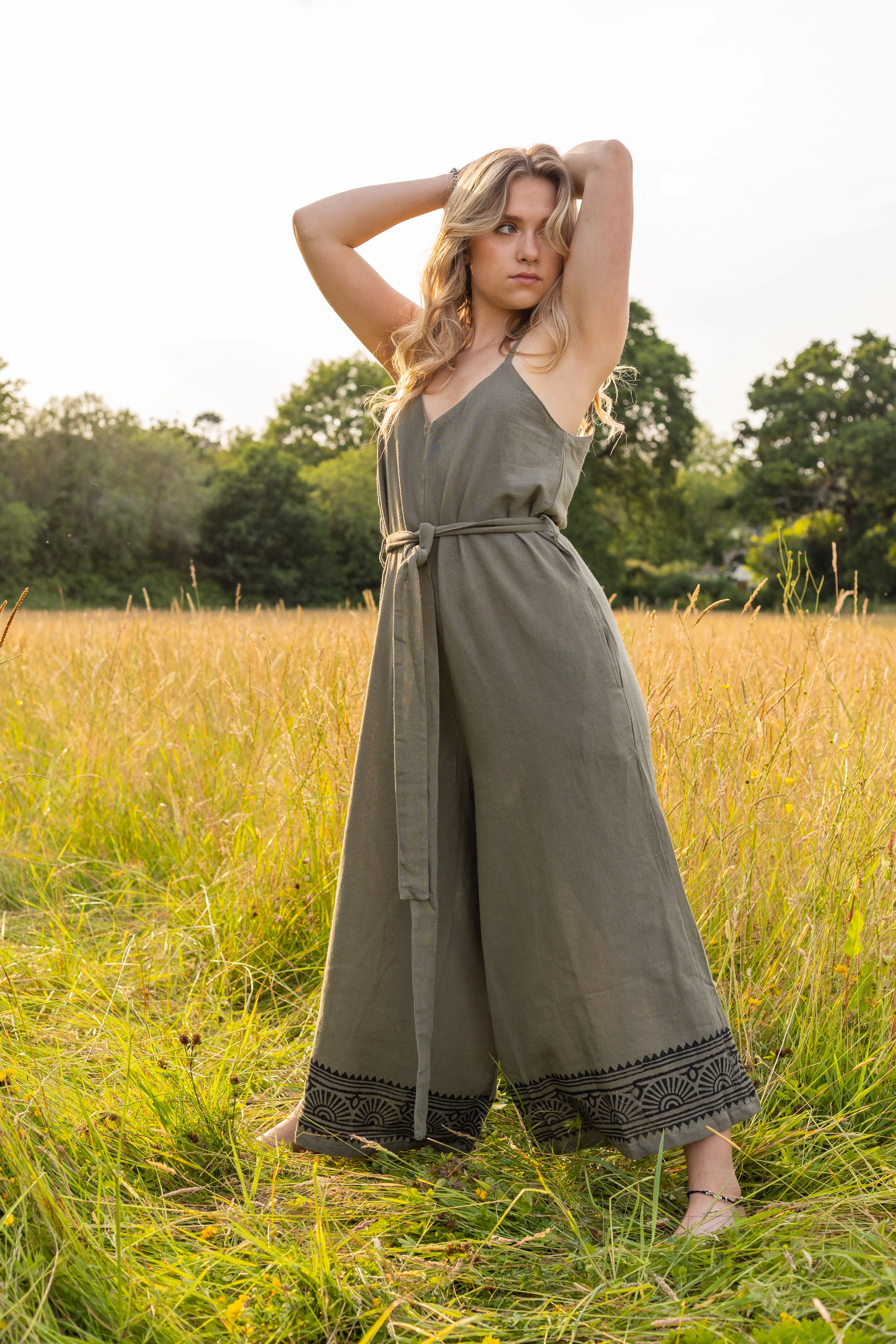 Raw Cotton Wide Leg Jumpsuit | Sage