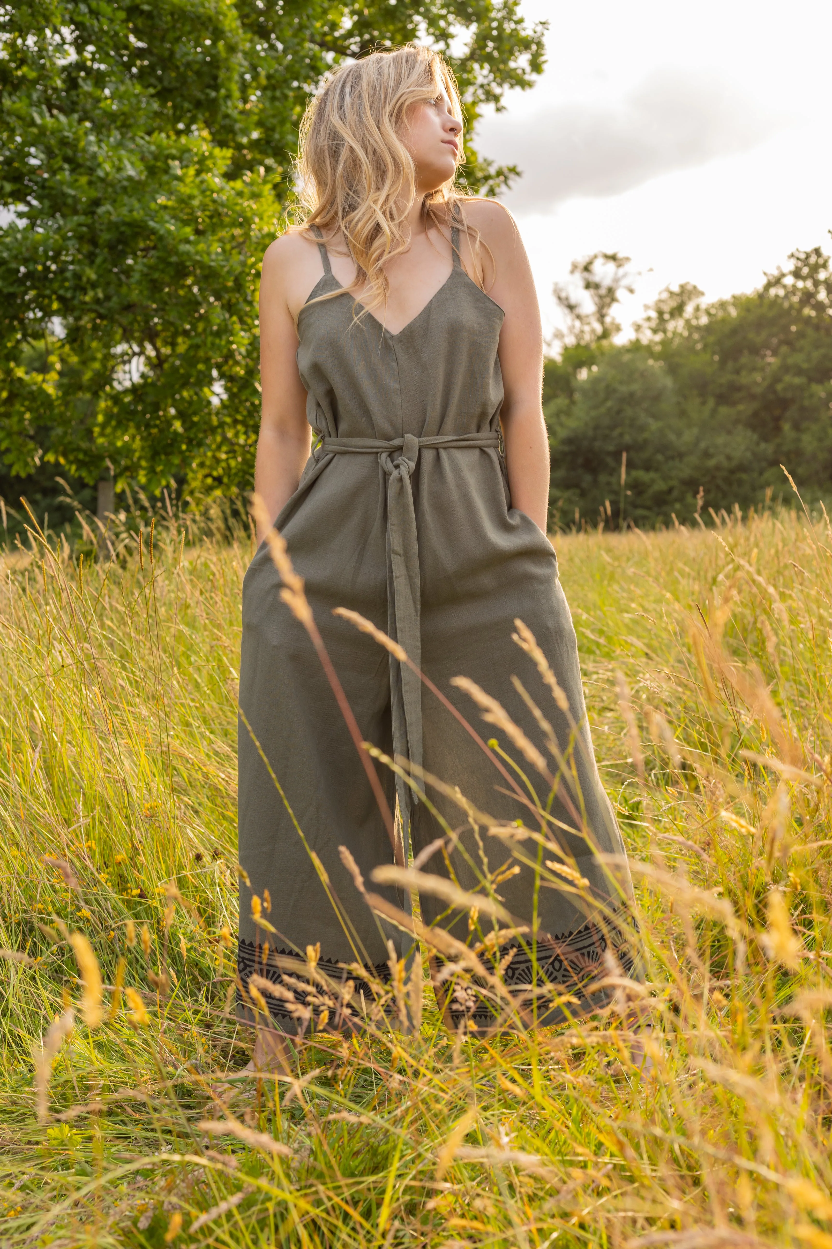 Raw Cotton Wide Leg Jumpsuit | Sage