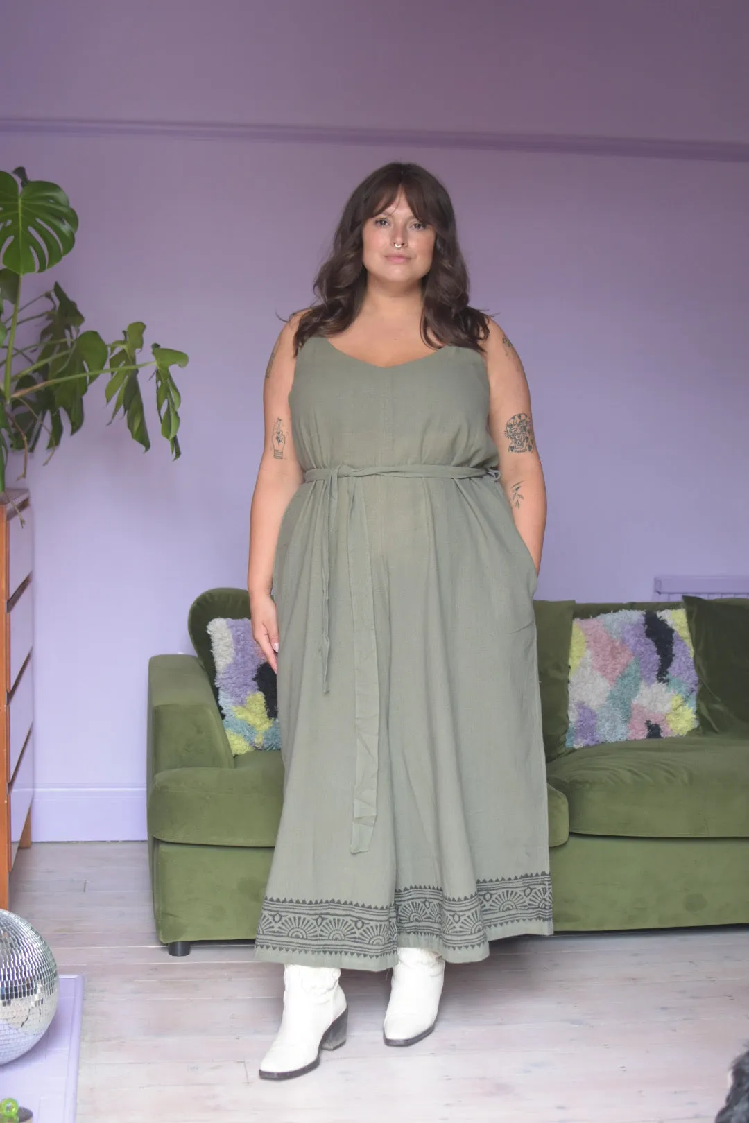 Raw Cotton Wide Leg Jumpsuit | Sage