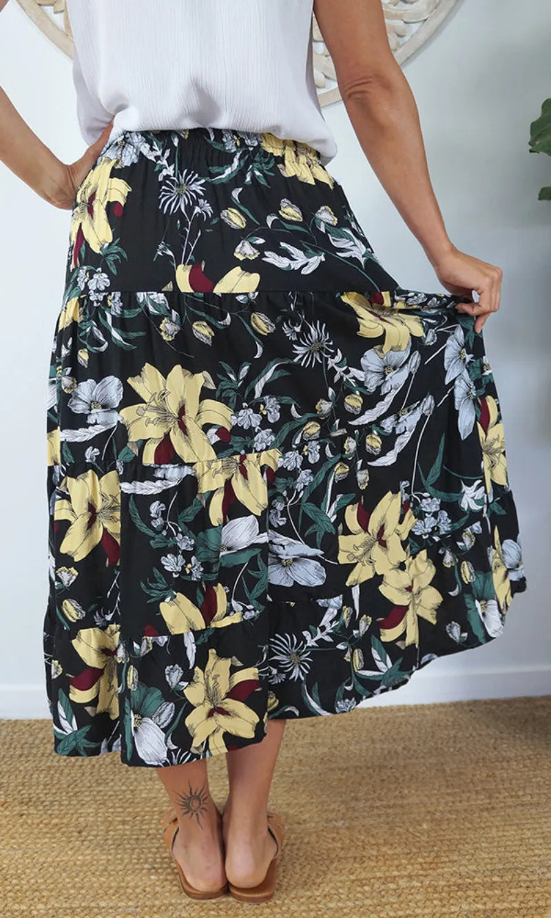 Rayon Skirt Tiered Flemington Black