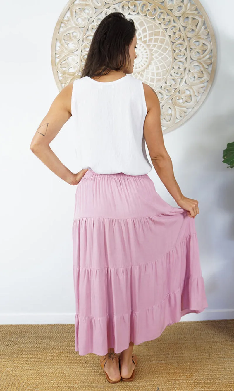 Rayon Skirt Tiered Plain, More Colours