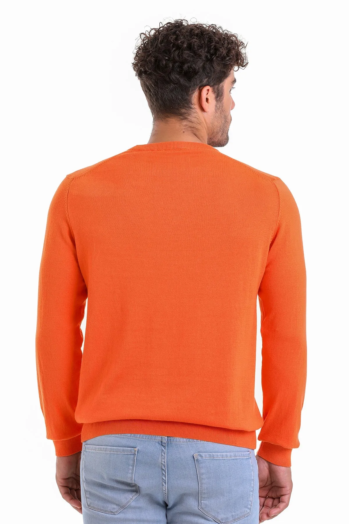 Regular Fit Plain Cotton Beige Crewneck Sweater, Salmon